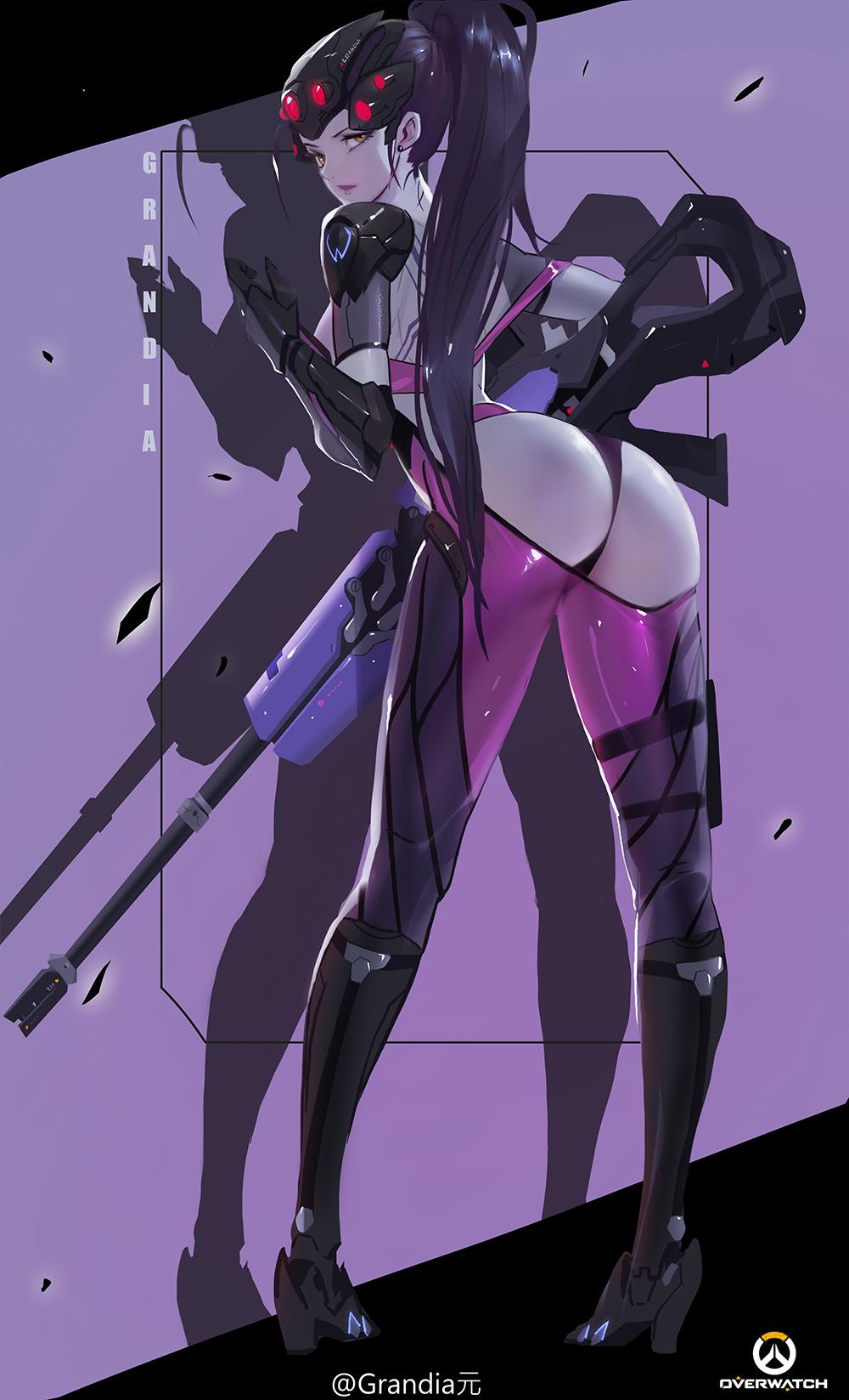 ass, blizzard entertainment, breasts, busty, cameltoe, cleavage, curvy, eyelashes, female, grandialee, large ass, large breasts, long hair, overwatch, partially nude, purple hair, purple lips, purple skin, pussy, smile, solo, thong, voluptuous, wide hips, widowmaker, yellow eyes