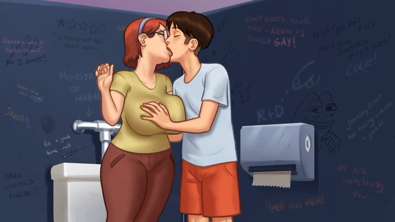 1boy, 1boy1girl, 1girls, 2d, 2d (artwork), animated, bathroom, bathroom stall, big breasts, breast grab, breast squeeze, breasts, brown hair, clothed, clothing, curves, curvy, curvy body, curvy figure, curvy hips, darkcookie, digital drawing (artwork), female, glasses, groping, groping breasts, hand on breast, judith (summertime saga), kissing, light skin, light-skinned female, light-skinned male, main character (summertime saga), making out, male, male/female, pants, red hair, standing, summertime saga, teenage female, teenager, thick thighs, widescreen