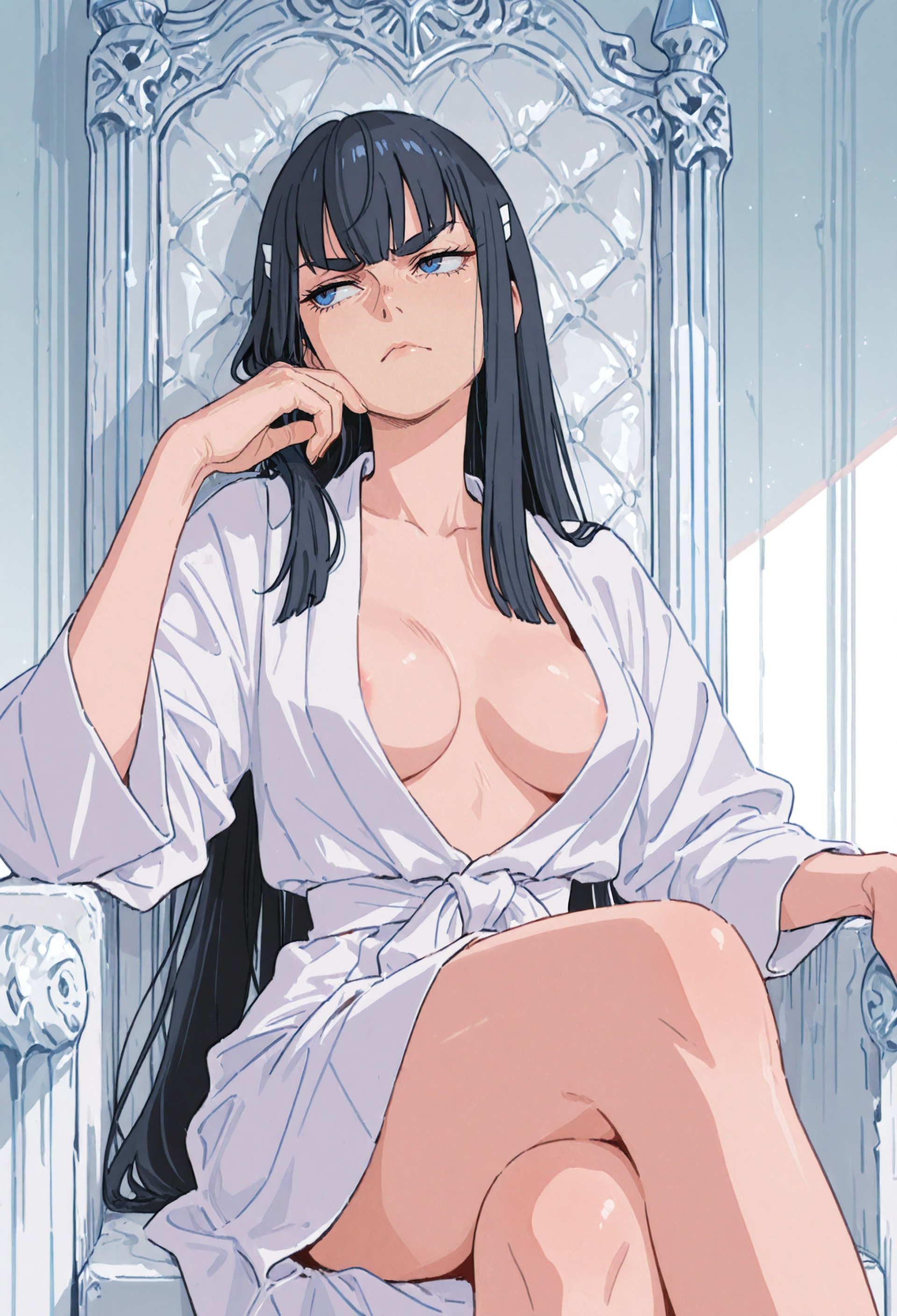 ai generated, areola slip, bathrobe, black hair, blue eyes, breasts, breasts apart, crossed legs, dsp, female, hand rest, kill la kill, kiryuuin satsuki, medium breasts, sitting, solo, thighs, very long hair