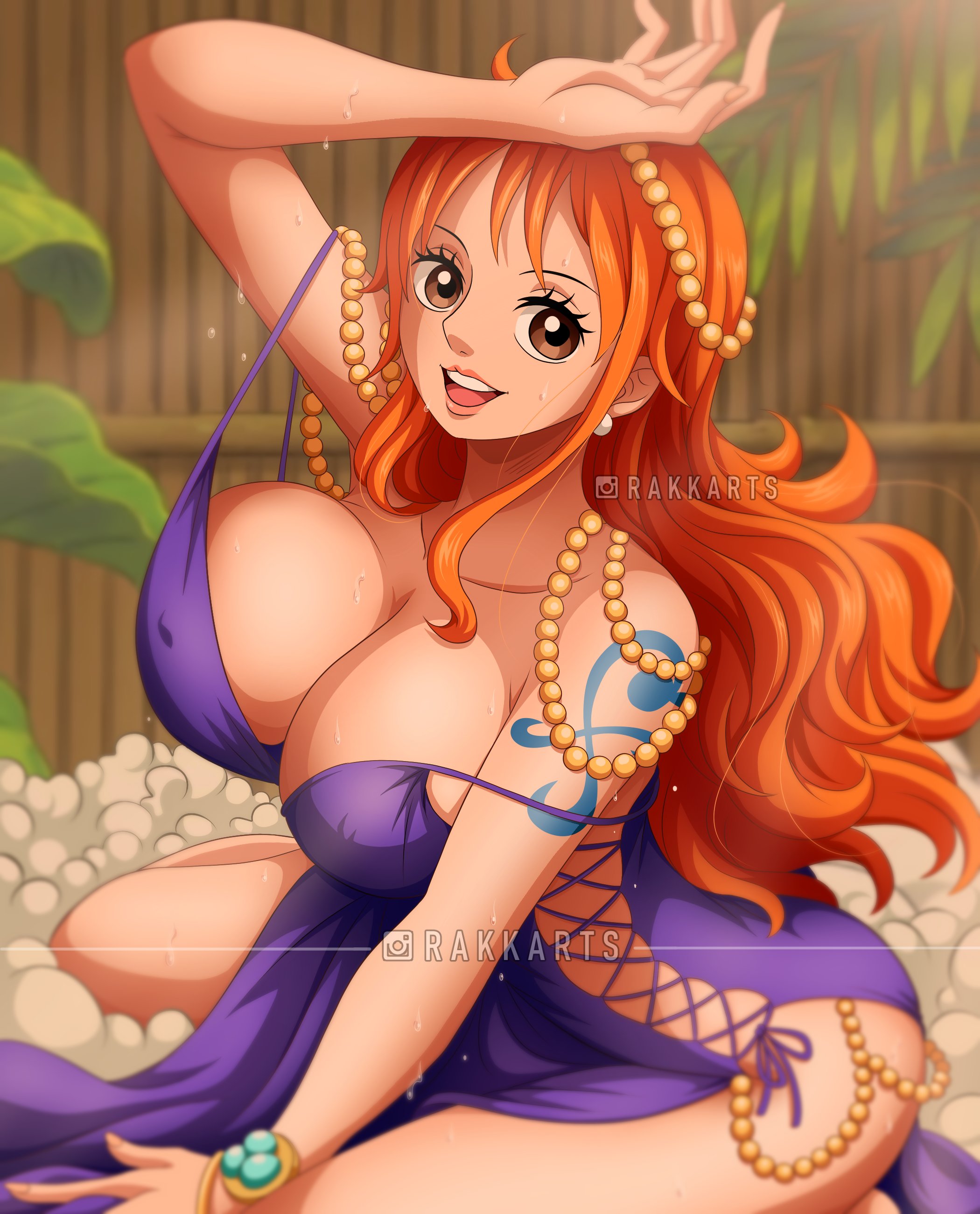 1girls, arm tattoo, artist name, big ass, big breasts, blue tattoo, breasts, clouds, dress, female, female only, jewelry, large breasts, large hips, light-skinned female, looking at viewer, nami (one piece), nami (one piece) (zou), no bra, no panties, on knees, one piece, one piece: zou arc, orange eyes, orange hair, orange-haired female, plant, post-timeskip, purple dress, rakara11, seductive, sexy, slim waist, tattoo, whole cake island, wood background