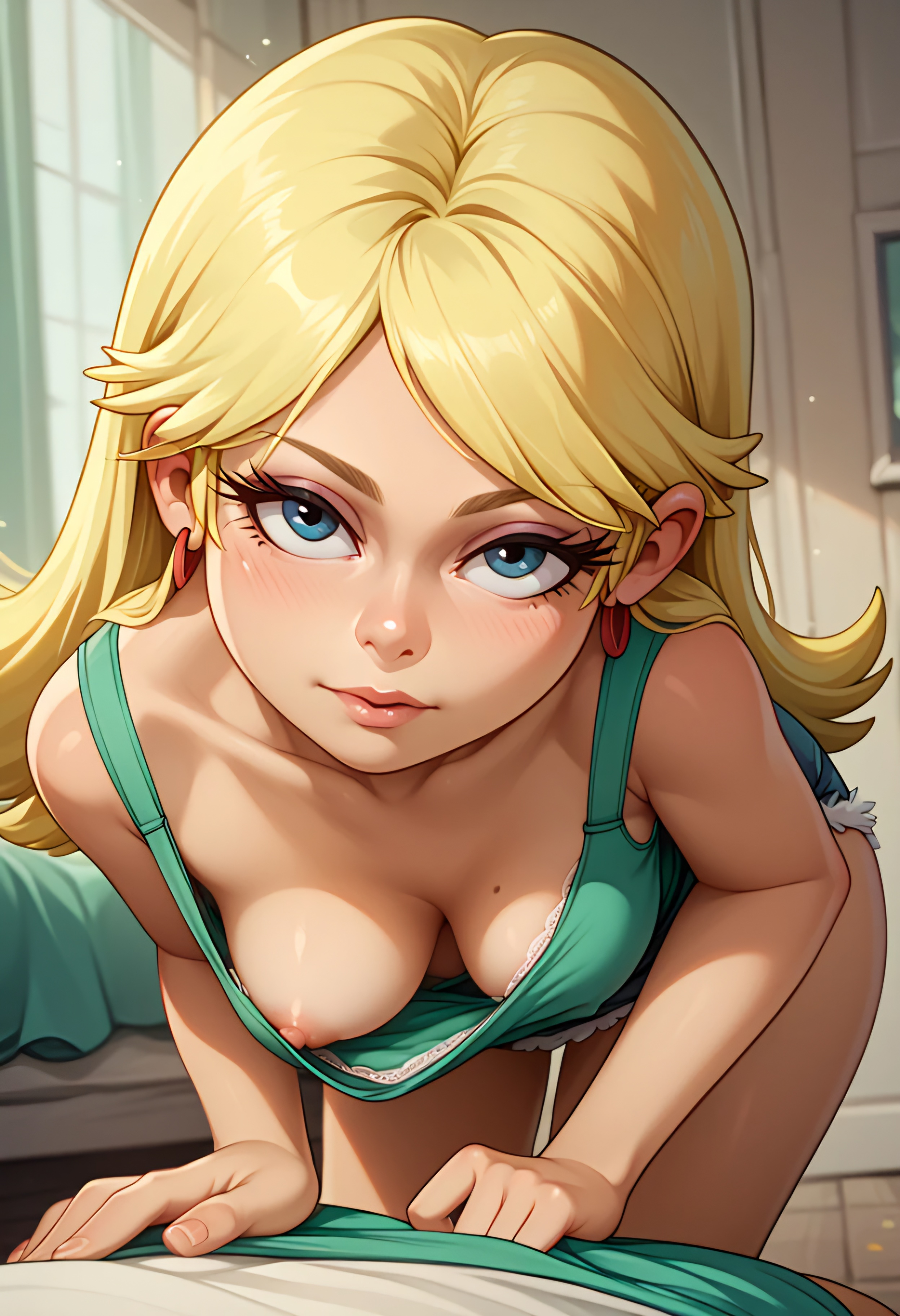 1boy, 1girls, ai, ai art, ai assisted, ai generated, ai-created, areolae, bending down, bending forward, bending over, blue eyes, blush, breasts, downblouse, earrings, female, hanging breasts, leaning forward, leni loud, looking at viewer, male, mole, mole on breast, nipple slip, nipples, no bra, pov, shirt, shorts, svpk76, t shirt, the loud house, yellow hair