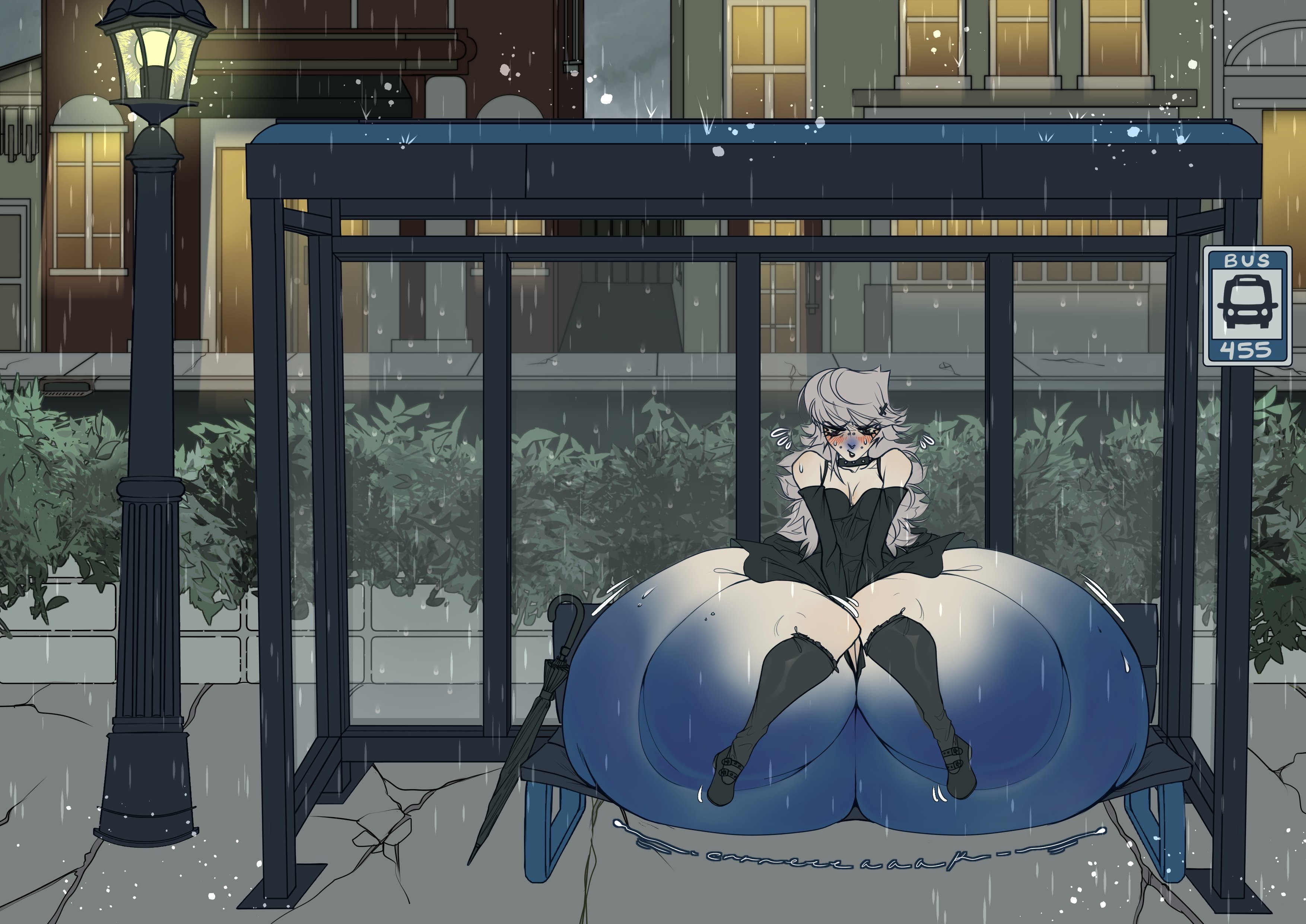 1girl, annoyed expression, ass expansion, ass inflation, bambi (velvet bambi), big ass, blue skin, blueberry inflation, embarrassed, female, female only, original, original character, velvet bambi, white hair