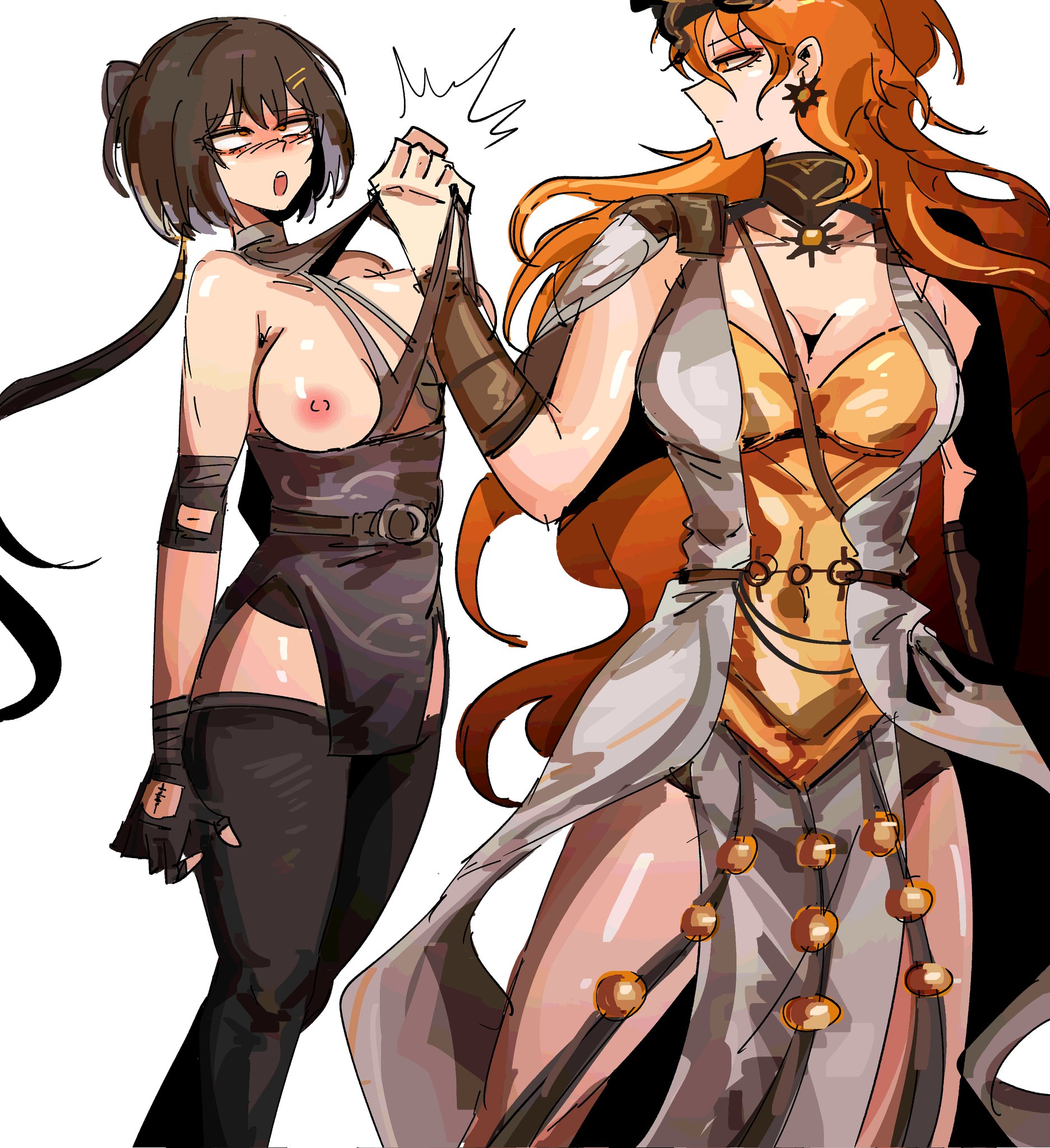 2girls, arczaeon, augusta (wuthering waves), breasts, breasts out, female, female rover (wuthering waves), femdom, grabbing clothing, height difference, looking at another, medium breasts, rover (wuthering waves), shorter female, size difference, taller female, wardrobe malfunction, wuthering waves