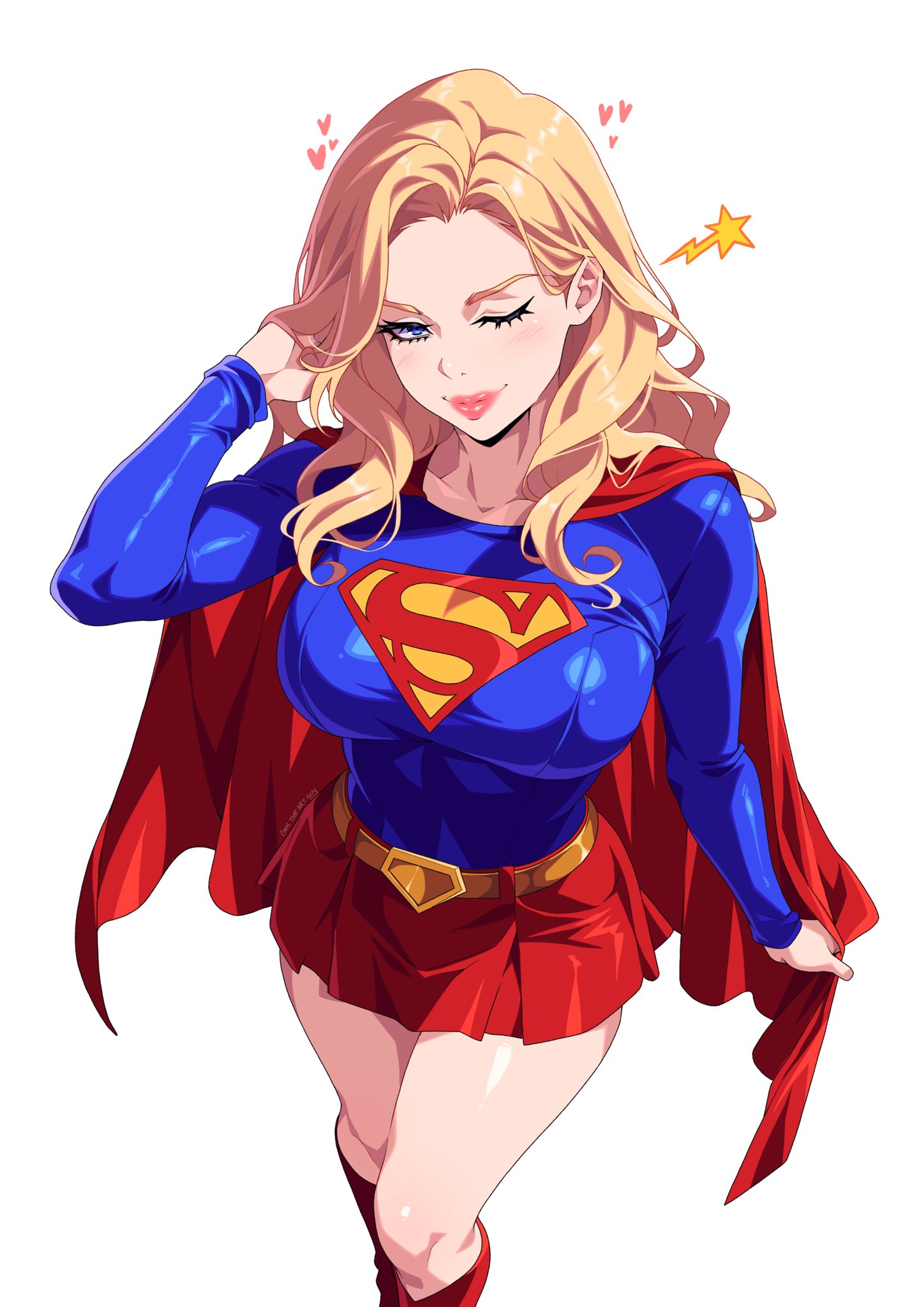 1girl, 1girls, alternate breast size (larger), artist name, blonde hair, blue eyes, breasts, cam the art guy, camtheartguy, cape, commentary, dc comics, english commentary, female, female only, fully clothed, hand in own hair, heart, highres, large breasts, light blush, long hair, looking at viewer, miniskirt, one eye closed, red cape, red skirt, seductive smile, shiny clothes, skirt, smile, solo, supergirl, superhero costume, superman (series), tight clothing