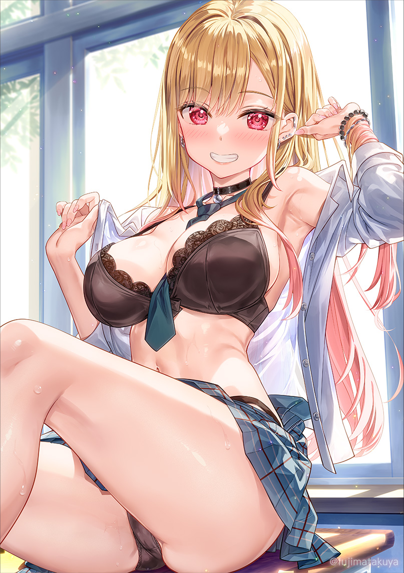 armpits, ass, bare shoulders, bead bracelet, beads, between breasts, black bra, black choker, black panties, blonde hair, blue necktie, blue skirt, bra, bracelet, breasts, choker, cleavage, crotch seam, desk, dress shirt, ear piercing, female, fujima takuya, gradient hair, grin, gyaru, hands up, indoors, jewelry, kitagawa marin, knee up, lace, lace trim, lace-trimmed bra, large breasts, long hair, long sleeves, looking at viewer, miniskirt, multicolored hair, navel, necktie, necktie between breasts, on desk, open clothes, open shirt, open skirt, panties, piercing, pink hair, plaid clothes, plaid skirt, red eyes, school uniform, shirt, sitting, skirt, smile, solo, sono bisque doll wa koi wo suru, stomach, strap gap, sweat, thighs, underwear, white shirt