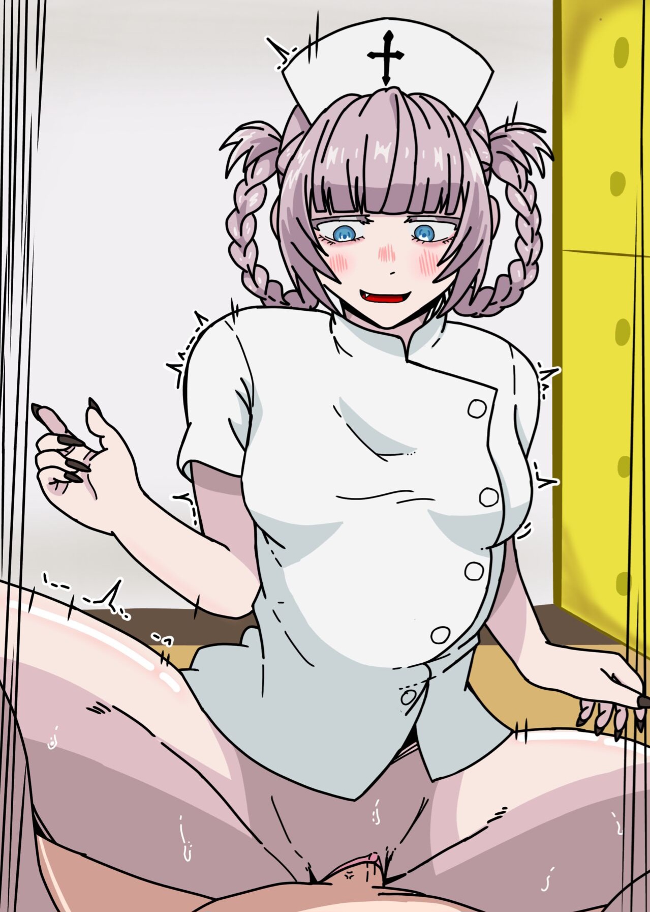1boy, 1girls, apoelayoshi7, black nails, blue eyes, braid, braided hair, breasts, call of the night, female, long fingernails, male, medium breasts, nanakusa nazuna, nurse cap, nurse clothing, nurse uniform, partially clothed, pussy, riding, riding dildo, shaved crotch, shaved pussy, thick thighs, vampire, vampire girl, white hair, white shirt, yamori kou, yofukashi no uta