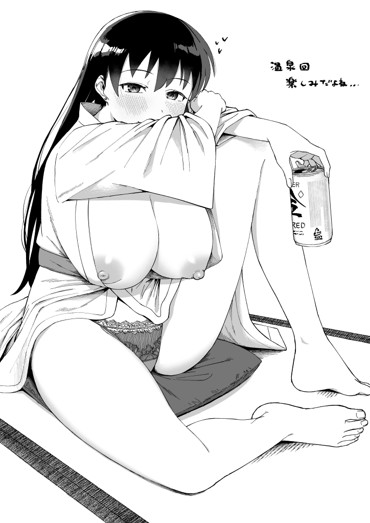 1girls, arato nagi, beer, beer can, black and white, black hair, blush, blushing, blushing at viewer, breasts, breasts out, drunk, drunk female, female, female focus, female only, full body, hanging breasts, huge breasts, large breasts, legs, light skin, light-skinned female, long black hair, long hair, looking at viewer, monochrome, nipples, okome (artist), panties, pillow, robe, robe only, ruri no houseki, sitting, solo, solo female, solo focus, thighs, voluptuous, voluptuous female