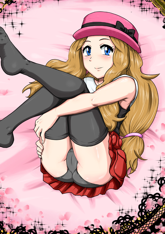 black legwear, black panties, black topwear, blonde hair, female, human, human only, nintendo, no shoes, panties, pokemon, red skirt, serena (pokemon), thighhighs