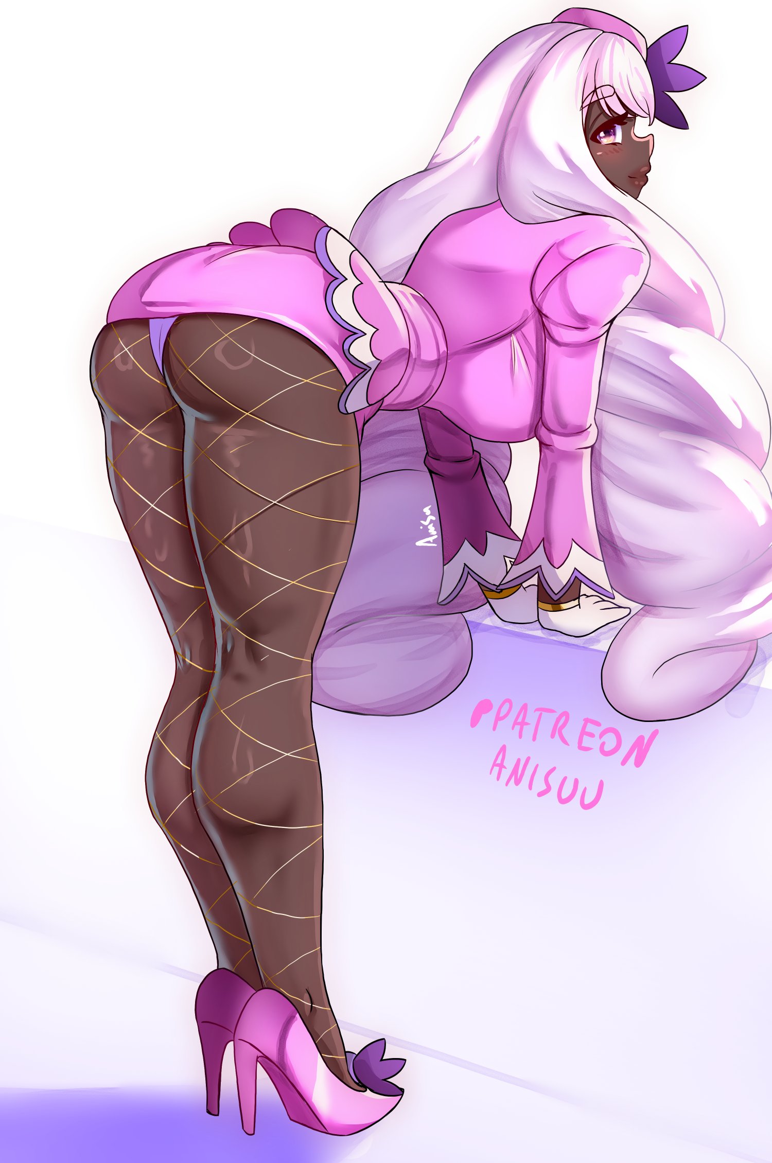 1girls, anis, anisdrawn, ass up, fishnets, game freak, high heels, jacinthe (pokemon), miniskirt, nintendo, panties peek, pokemon, pokemon legends: z-a, showing panties, teasing, yukari (pokemon)