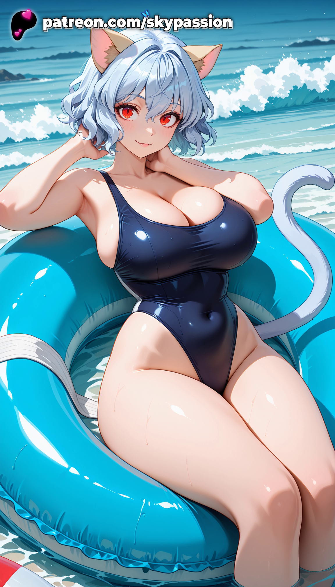 1girls, 2025, afloat, ai assisted, ai generated, animal ear fluff, animal ears, anime, artist name, beach, big breasts, big chest, blue hair, breasts, bust, busty, cat ears, cat girl, cat tail, chest, cleavage, cloud, covered navel, day, explicit, eyebrows visible through hair, female, heart tail, hi res, high quality, high resolution, highres, horizon, hunter x hunter, innertube, kemonomimi mode, large breasts, looking at viewer, mouse ears, mouse tail, neferpitou, ocean, one-piece swimsuit, outdoors, patreon, patreon username, pool, pool ladder, poolside, red eyes, shore, short hair, sky, skypassion, smile, solo, stable diffusion, swimsuit, tail, thighs, wading pool, water, watermark, waves, wet