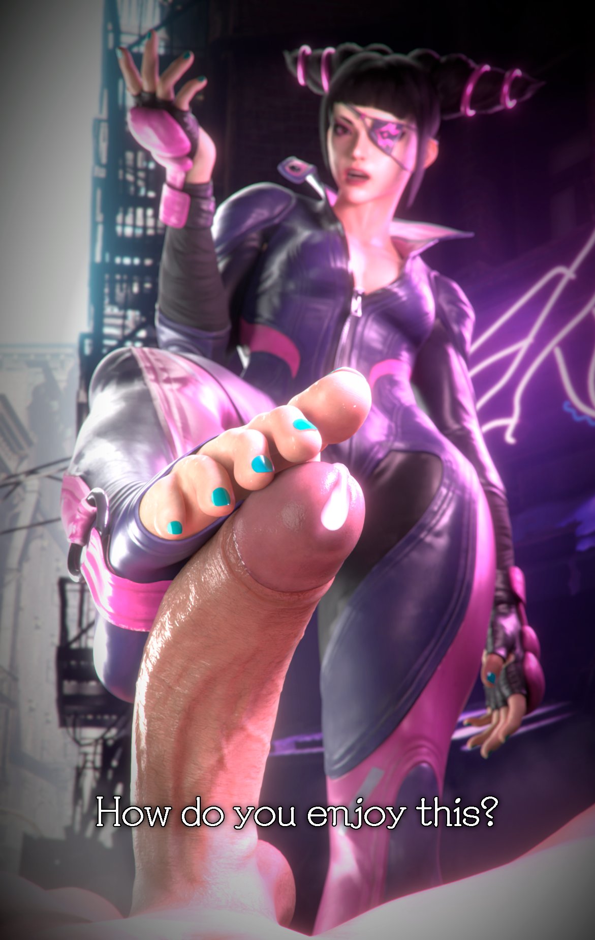1boy, 1girls, 3d, 3d (artwork), asian female, balls, barefoot, black hair, breasts, capcom, clothed female nude male, clothes, cum, cum dripping from penis, detailed background, dialogue, dominant female, dominated male, english text, erect penis, erection, eyepatch, feet, feet on penis, female, femdom, fingerless gloves, foot fetish, foot focus, footjob, full color, fully clothed, juri han, light-skinned female, light-skinned male, male, medium breasts, moragearliquid, nail polish, no penetration, nude, penis, purple eyes, street fighter, street fighter 6, street fighter v, submissive male, unseen male face