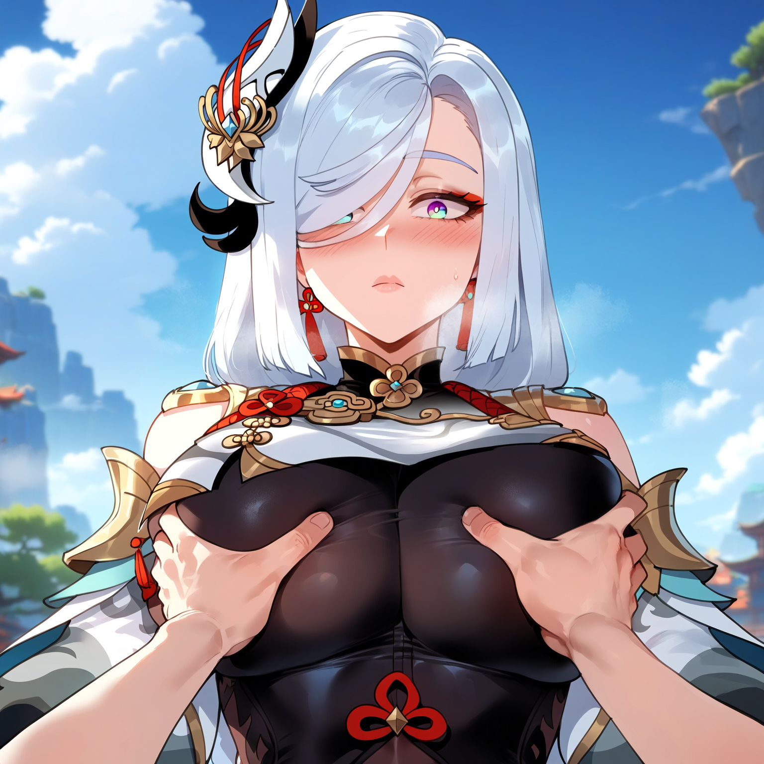 1boy, 1girls, ai generated, bangs, black bodysuit, blue eyes, blue sky, blush, bodysuit, braid, braided ponytail, breast curtain, breast grab, breasts, closed mouth, clothing, clothing cutout, cloud, curvaceous, curvaceous female, curvaceous figure, curvy, curvy figure, day, earrings, female, female focus, genshin impact, grabbing, grabbing another's breast, groping, hair ornament, hair over one eye, hip vent, hoyoverse, jewelry, large breasts, lips, long hair, long sleeves, looking at viewer, makeup, male, mihoyo, miyuai, multicolored eyes, outdoors, pov hands, presenting, presenting breasts, presenting self, shenhe (genshin impact), shoulder cutout, sky, solo focus, straight, tassel, tassel earrings, upper body, voluptuous, voluptuous female, white hair