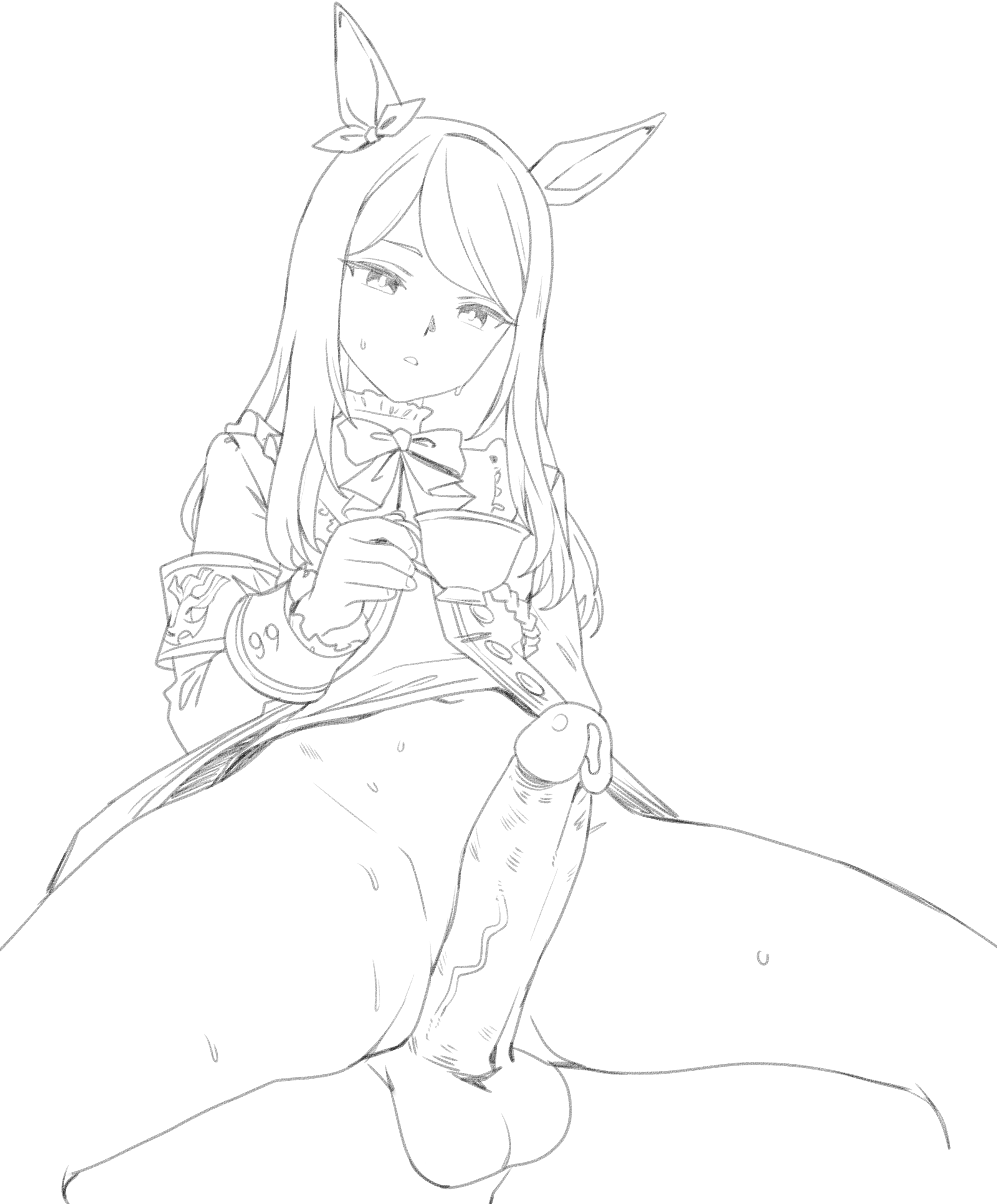 anticipation, large cock, large penis, male, mejiro mcqueen (umamusume), monochrome, no pants, penis, tagme, tea, thernz, umamusume