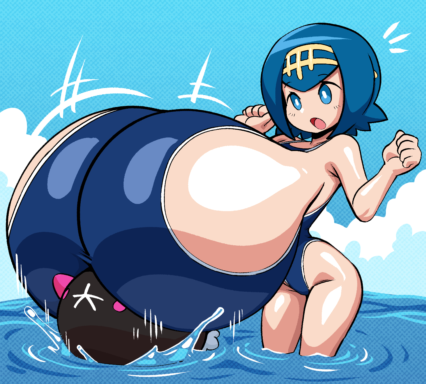 aged up, alternate breast size, angstrom, blue eyes, blue hair, breasts, color, colored, colour, digital media (artwork), female, fully clothed, gigantic breasts, hyper, hyper breasts, lana (pokemon), massive breasts, ocean, pokemon, pokephilia, pyukumuku, sea, surprised, swimming, swimsuit, top heavy