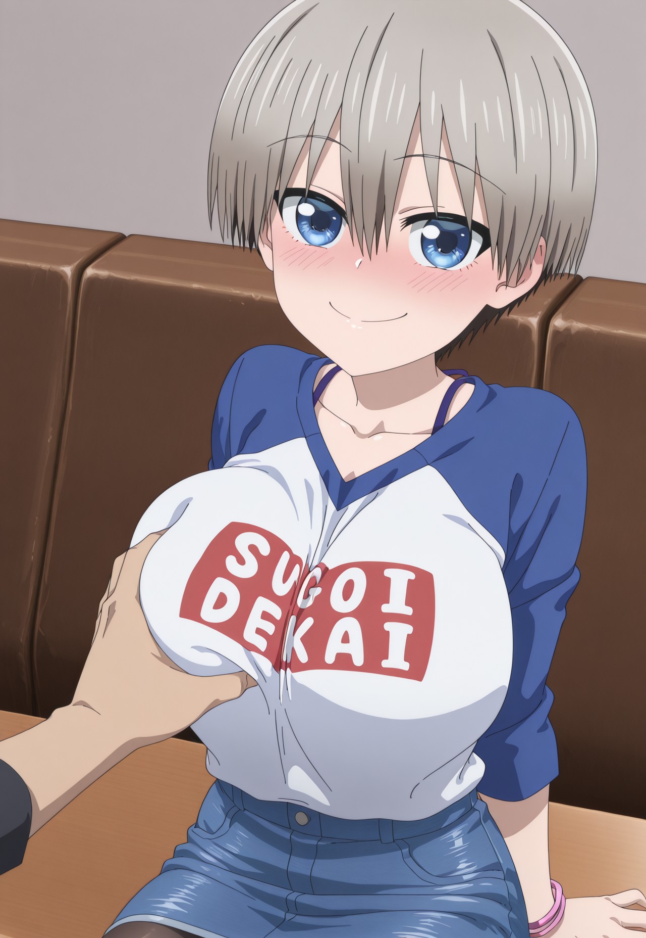 1boy, 1girls, ai generated, big breasts, blue eyes, blush, breast grab, breasts, female, female focus, grey hair, happy, huge breasts, indoors, looking at viewer, male, sexually suggestive, shirt, short hair, sitting, sitting on table, smile, unseen male, uzaki hana, uzaki-chan wa asobitai!