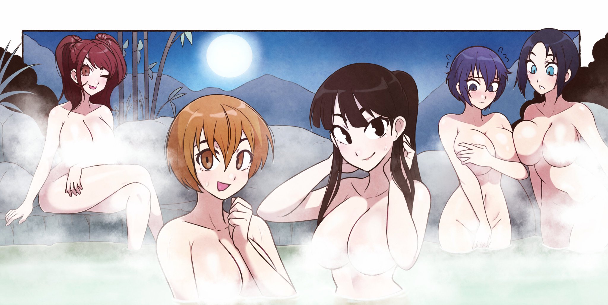 amagi yukiko, big breasts, breast squish, breasts, casual, female, group, hot spring, human, jeffmiga, kujikawa rise, marie (persona 4), nonsexual, nonsexual nudity, nudist, nudity, onsen, pale skin, persona, persona 4, satonaka chie, shirogane naoto