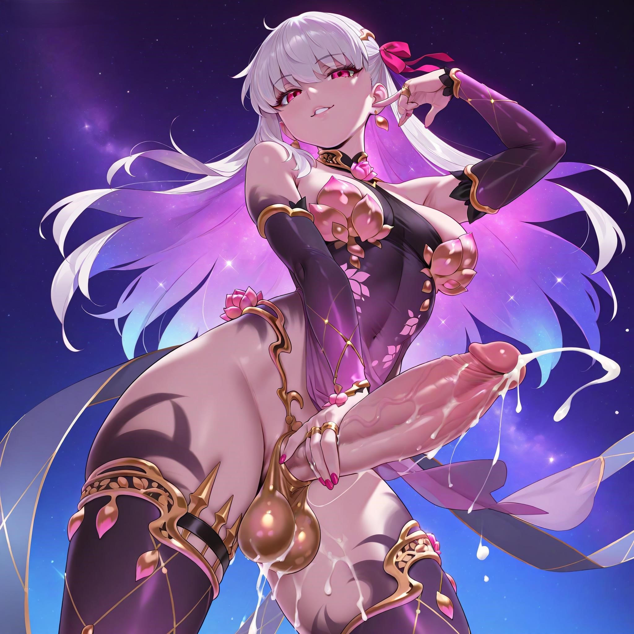 1futa, ai generated, armpits, big penis, breasts, cosmic background, cumming, fate (series), fate/grand order, futa only, futanari, hand on penis, intersex, kama (fate), kama (fate/grand order), light-skinned futa, looking at viewer, looking down, masturbation, medium breasts, nameless gooner, penis, pink eyes, self upload, sexy pose, smile, solo, white hair