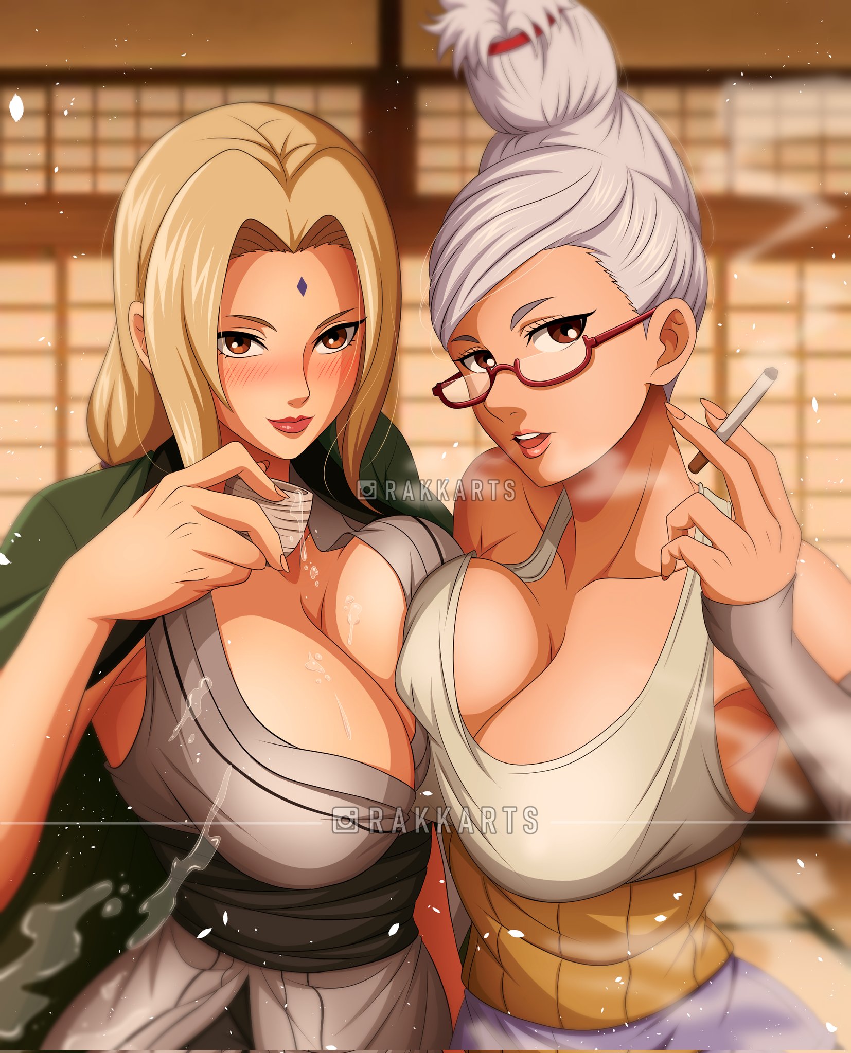 2girls, artist name, ayase seiko, big breasts, blonde hair, blush, breasts, cigarette, dandadan, dolphin shorts, drinking, female, glasses, granny, house background, kimono, looking at viewer, milf, milfs, naruto, naruto (series), pressing breasts together, rakara11, sake, seductive, sexy, shorts, smoking, tsunade, white hair