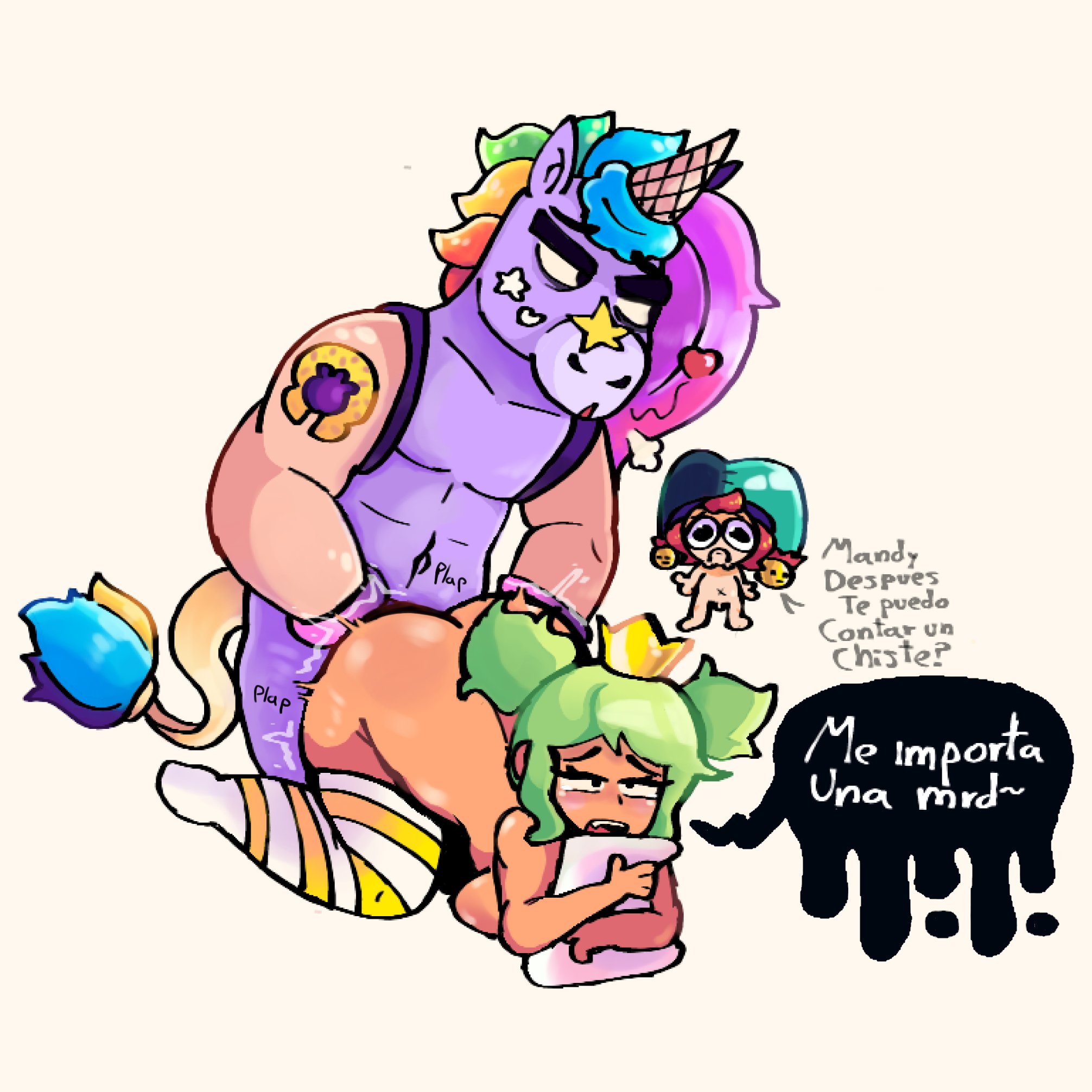 berry (brawl stars), brawl stars, cheating, chester (brawl stars), crown, cuckold, dark-skinned female, doggy style, female, green hair, jester, mandy (brawl stars), pillow, red hair, stockings, unicorn