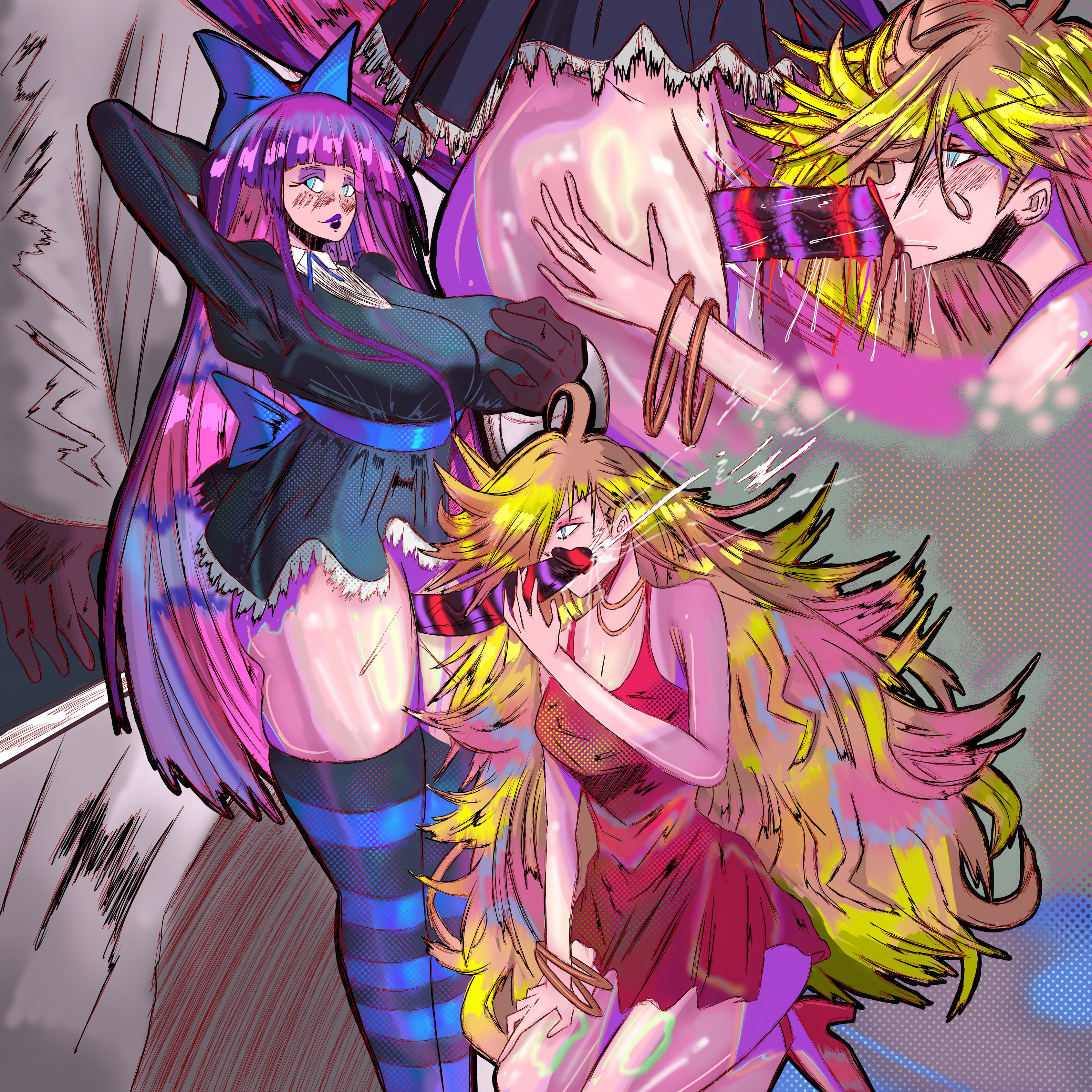 1boy, 2girls, assisted fellatio, blowjob, dark-skinned male, fellatio, female, garterbelt (psg), grandarcch, interracial, lipstick, lipstick mark, lipstick on penis, male, multiple females, multiple girls, oral, panty & stocking with garterbelt, panty anarchy, penis, penis between thighs, purple lipstick, rainbow party, red lipstick, stocking anarchy, teamwork, thigh sex