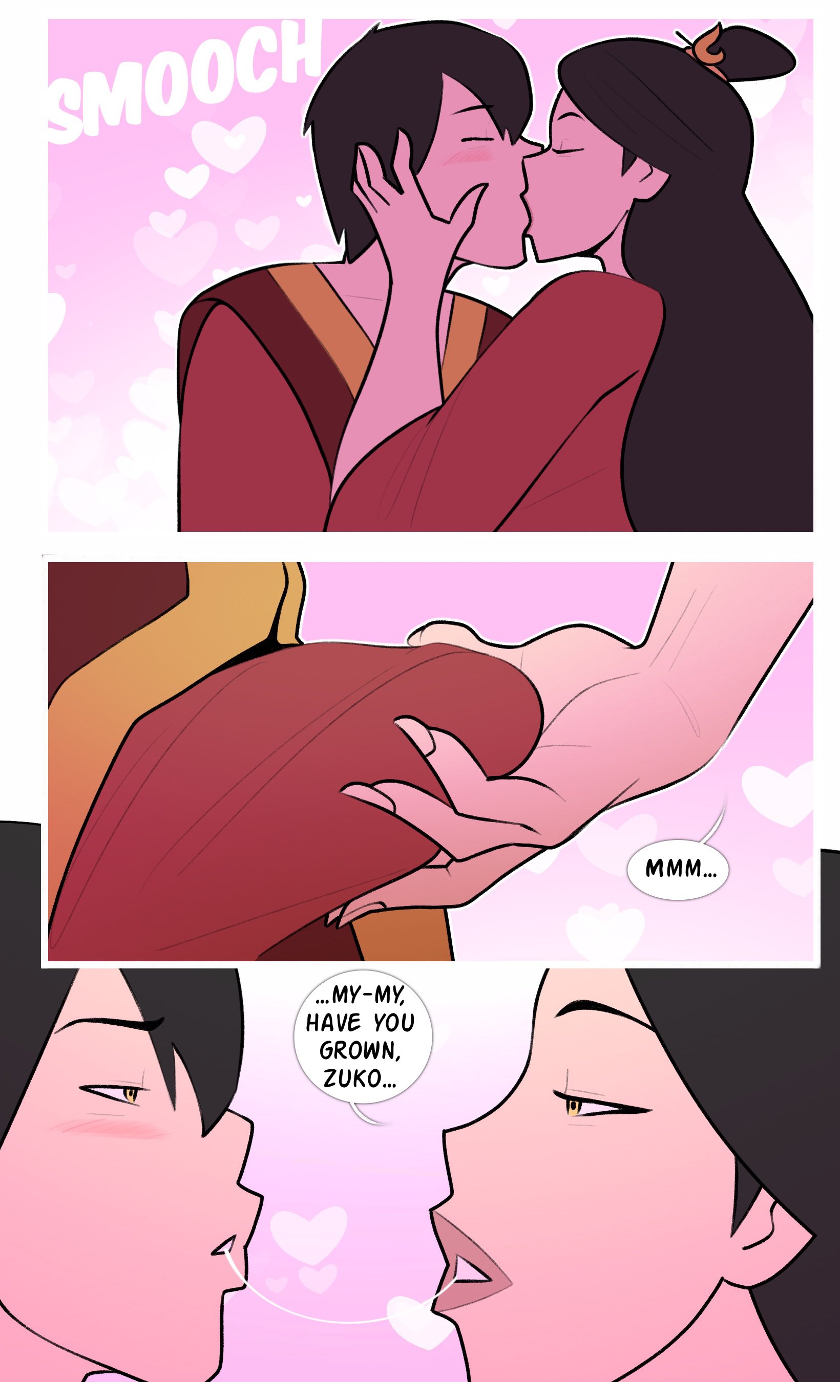 1girls, age difference, avatar the last airbender, big breasts, blush, blush lines, blushing, boner, bulge, comic, comic page, crown braid, dialogue, dirty talk, eyelashes, eyes closed, female, golden eyes, hairbun, heart, hearts, huge breasts, imminent sex, incest, jopuari, king, kiss, kissing, large breasts, lipstick, male, mature, mature female, milf, mother and son, nail polish, nightgown, page 4, passionate, passionate kiss, prince, queen, robe, royal, royalty, saliva, saliva string, saliva trail, sharp fingernails, solo female, tagme, tease, teasing, ursa (avatar), zuko