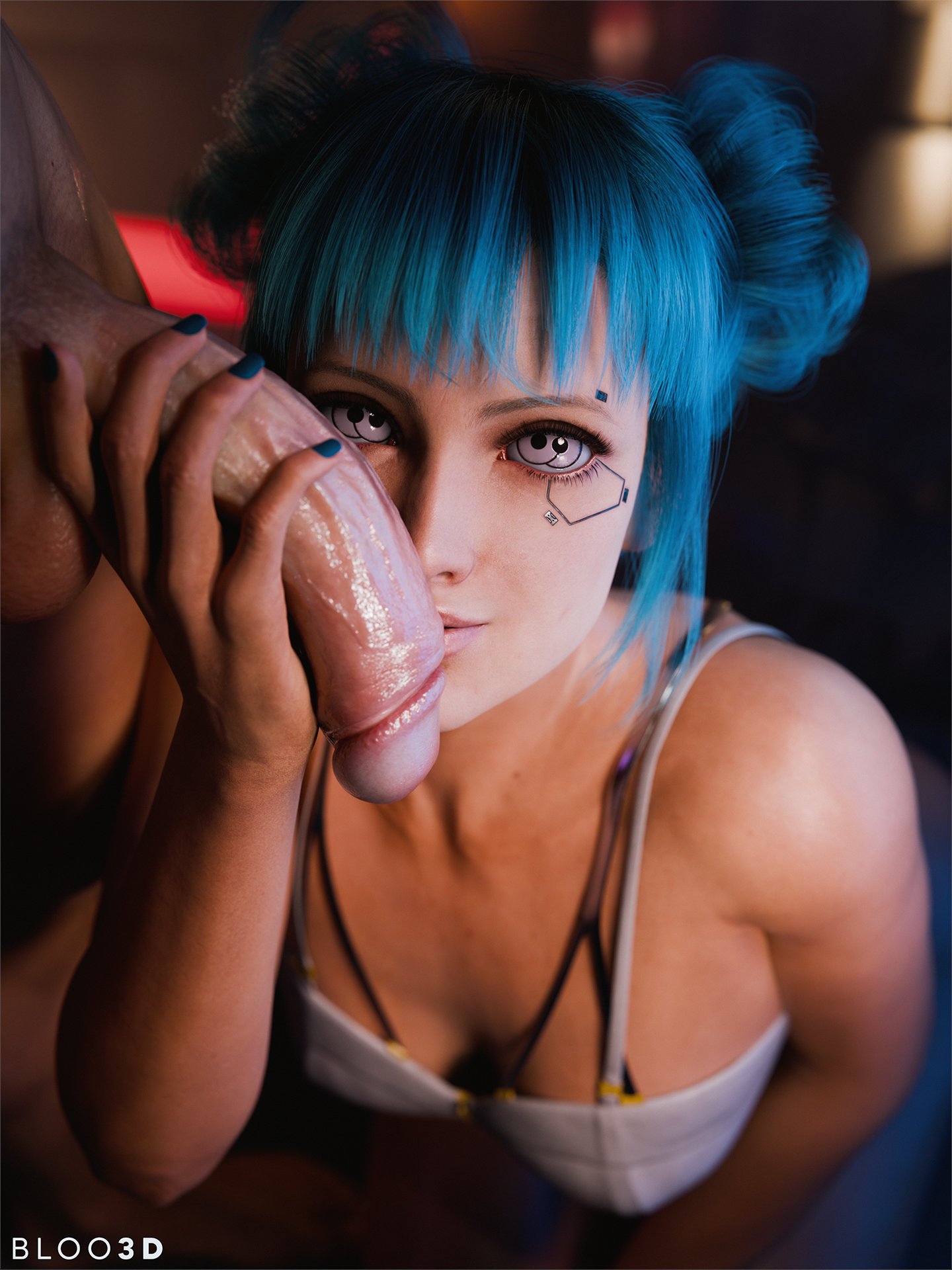 1boy, 1girls, 2025, 3d, balls, bloo3d, blue hair, blue moon (cyberpunk 2077), blue nail polish, bra, breasts, cleavage, completely nude, covered breasts, cybernetic eyes, cybernetics, cyberpunk 2077, duo, female, foreskin, fully retracted foreskin, holding penis, indoors, kneeling, kneeling on ground, light purple eyes, long hair, looking at viewer, male, medium breasts, nail polish, nude, nude male, ox horns, painted nails, penis, penis on face, polycoria, retracted foreskin, straight, tied hair, uncircumcised, underwear, underwear only