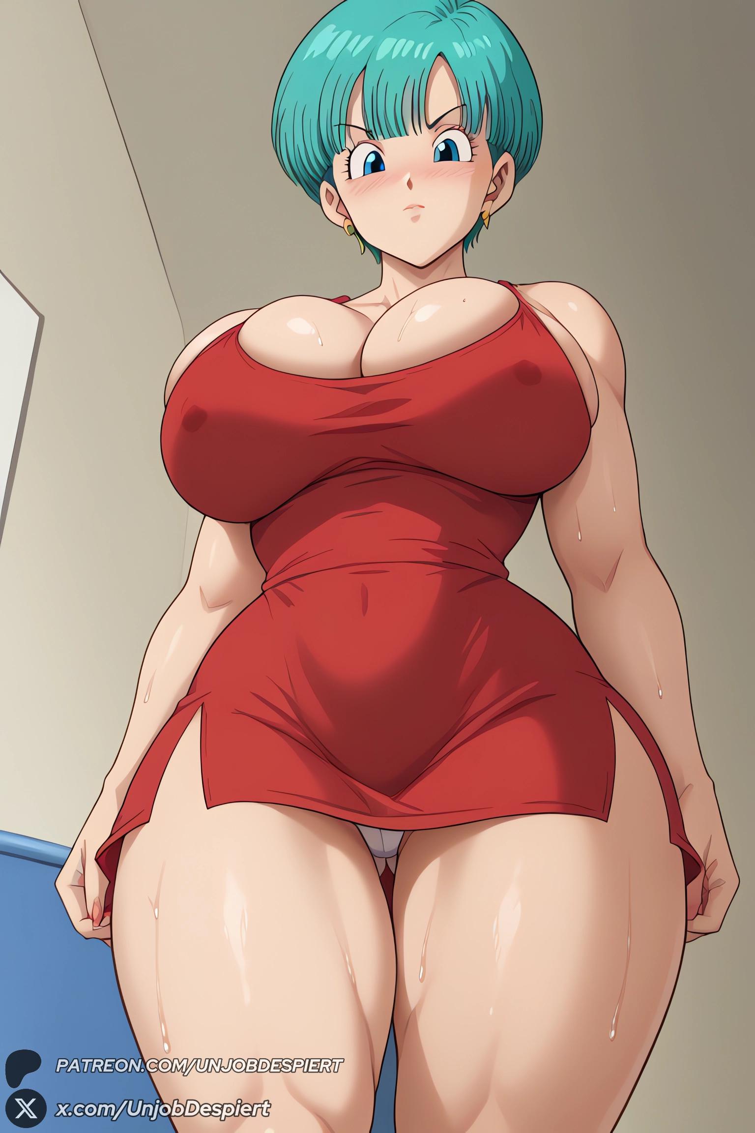 1girls, 2025, ai generated, artist name, ass visible through thighs, bangs, big ass, big breasts, blue eyes, blue hair, blush, breasts, bulma (dragon ball), bulma briefs, bulma briefs (majin buu saga), cleavage, closed mouth, covered navel, covered nipples, curvy, dragon ball, dragon ball z, dress, earrings, female, female only, from below, hi res, high quality, high resolution, highres, huge ass, huge breasts, indoors, jewelry, large breasts, looking at viewer, looking down, panties, pantyshot, patreon, patreon username, red dress, short dress, short hair, side slit, solo, standing, sweat, thick thighs, thighs, underwear, unjobdespiert, watermark, white panties