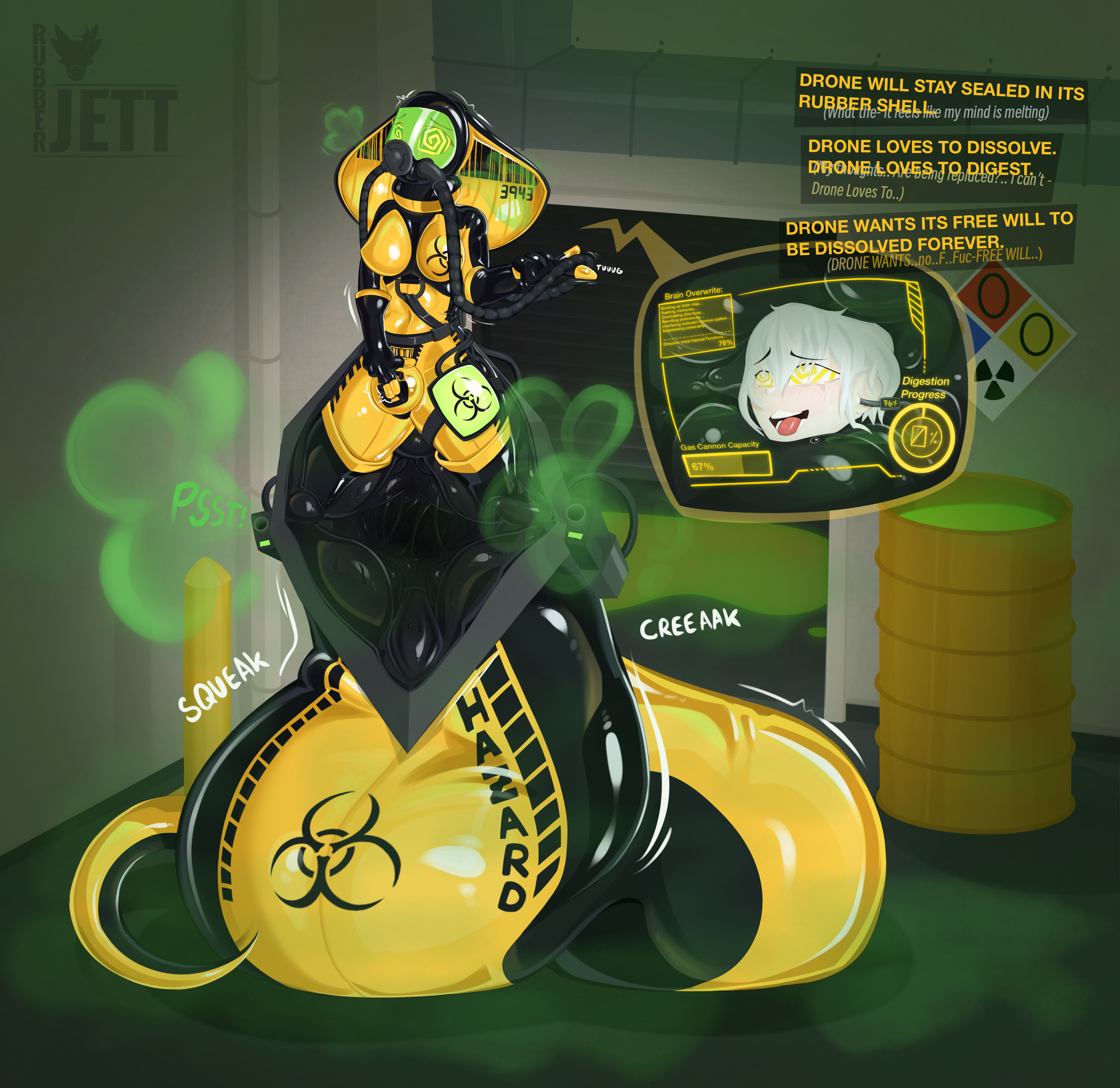 absurd res, apode, bdsm, biohazard symbol, bondage, bound, brainwashing, bulge, chastity bulge, chastity device, clothing, draconcopode, drone, english text, gas, gas mask, gloves, handwear, hazard symbol, hazmat, hazmat suit, hi res, hypnosis, lamia, latex, latex clothing, latex skinsuit, legless, living tail, lock bulge, lock symbol, mammal, mask, mind control, musk, null, null bulge, open mouth, radioactive, reptile, rubberjett, scalie, serpentine, skinsuit, snake, snake hood, snake tail, split form, symbol, tail, text, tight clothing, unusual anatomy, unusual tail