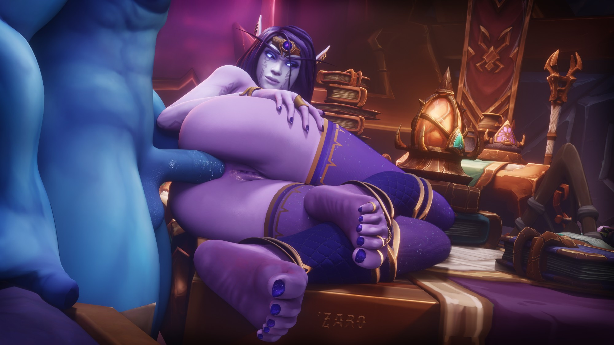 1boy, 1girls, 3d, 3d (artwork), 3d model, 3d render, anal, anal sex, barefoot, blizzard entertainment, blue nails, blue skin, curling toes, elf, elf ears, elf female, feet, female, foot fetish, foot focus, high elf, high elf (warcraft), interspecies, male, male/female, priest, priest (warcraft), purple body, purple eyes, purple hair, purple skin, shaman, shaman (warcraft), soles, soles female, soles fetish, stockings, straight, straight sex, the war within, toes, troll, troll (warcraft), troll shaman, video game, video game character, video games, void corruption (warcraft), void elf, void elf female, void elf priest, warcraft, world of warcraft, wow, xal'atath, zaro3d