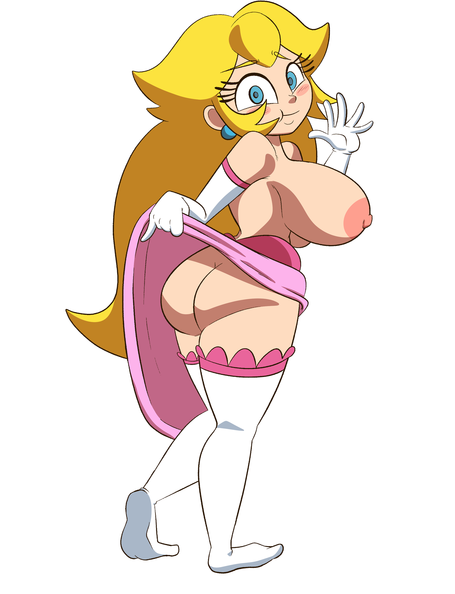 1girls, armwear, artlaccer (artist), ass, blonde hair, blue eyes, breasts, clothing, dress, dress lift, dress lifted by self, ear piercing, eyelashes, female, female only, human, human only, legwear, lifting dress, light skin, light-skinned female, long hair, mario (series), mature, mature female, nintendo, pink dress, princess, princess peach, princess peach (starbomb), royalty, solo, solo female, solo focus, starbomb, tagme, transparent background, waving at viewer, white armwear, white legwear