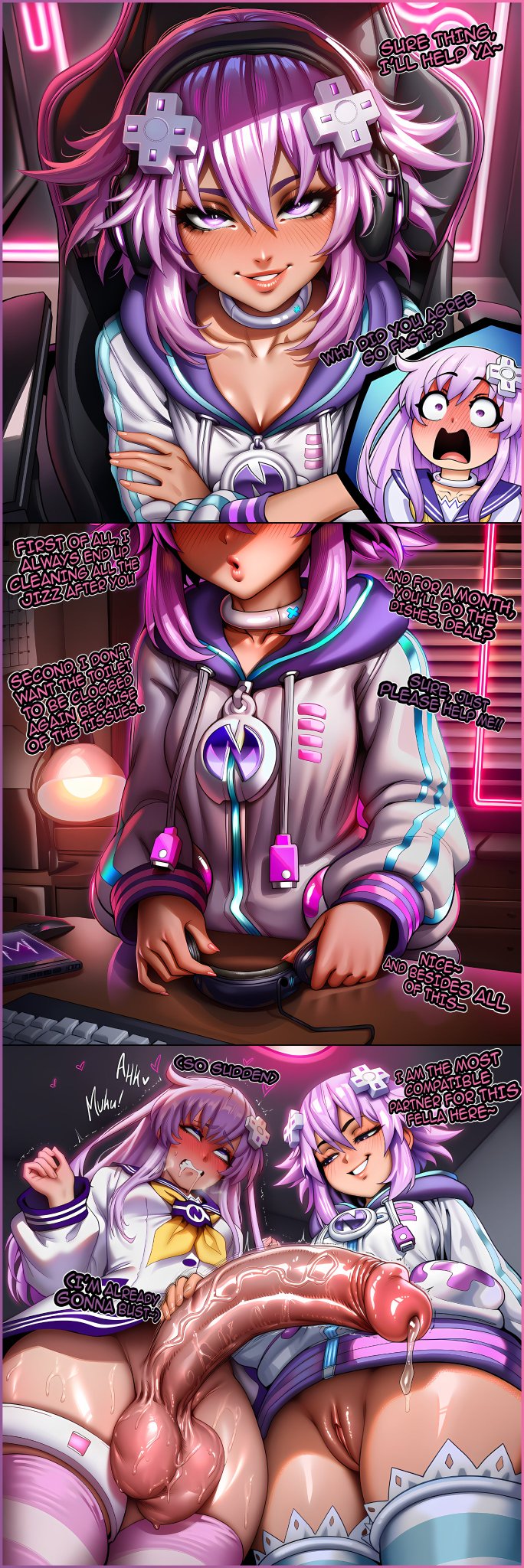 1futa, 2girls, ai generated, balls, choker, d-pad hair ornament, dialogue, female, futanari, gamer girl, hair ornament, headphones, hoodie, imminent incest, imminent sex, large balls, large penis, lilac hair, long hair, nepgear, neptune (neptunia), neptunia (series), pale skin, pale-skinned female, penis, purple eyes, purple hair, renz3n, shoulder length hair, sibling (lore), siblings, sister (lore), sisters, stockings, striped stockings, thoughts, vagina, veiny penis