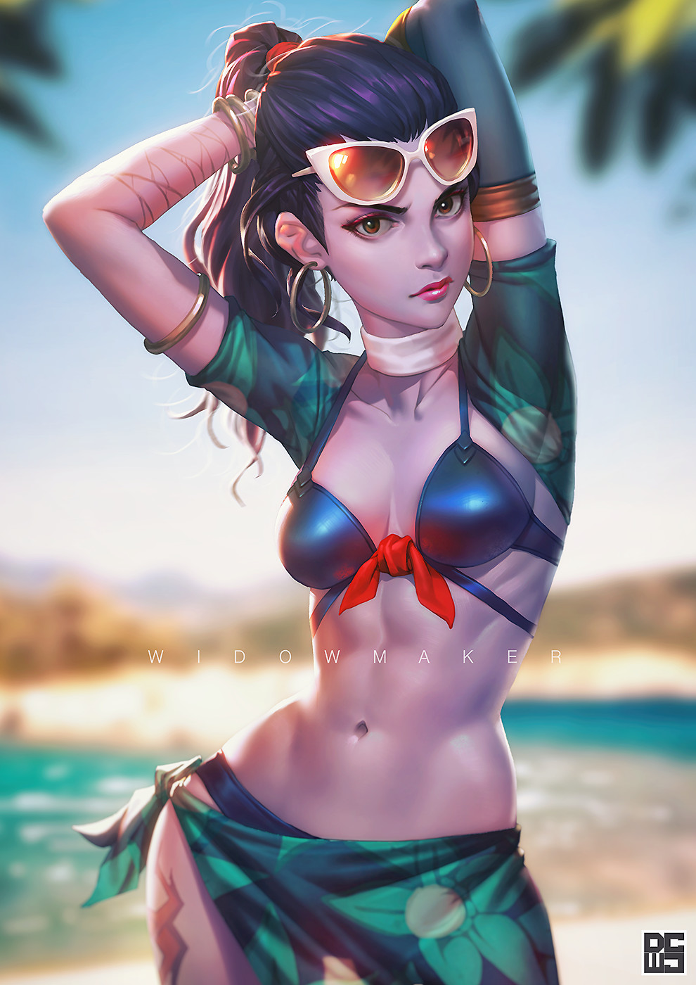 alternate costume, beach, bikini, blizzard entertainment, cote d'azur widowmaker, female, fit, looking at viewer, overwatch, solo, sunglasses, tattoo, toned, widowmaker