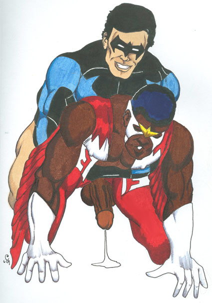 2boys batman_(series) captain_america_(series) crossover dark-skinned_male dark_skin dc dc_comics dick_grayson erect_while_penetrated gay human human_only interracial light-skinned_male light_skin male male_only male_penetrated marvel marvel_comics multiple_males nightwing sam_wilson straight_hair tagme the_falcon yaoi