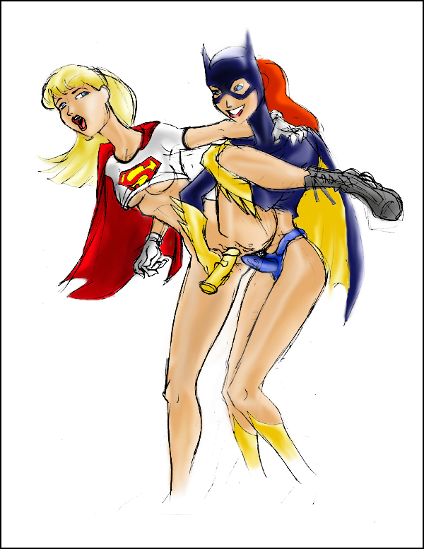 2girls batgirl batman:_the_animated_series batman_(series) dc_comics dcau dildo female female_only multiple_girls pussy rough_sketch strap-on supergirl superman:_the_animated_series superman_(series) tcatt the_new_batman_adventures yuri