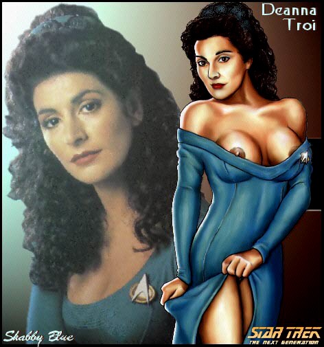 actress alien areola_slip areolae artist_name betazoid_(species) blue_dress celebrity character_name cleavage combadge deanna_troi female humanoid marina_sirtis nipple_slip nipples pussy_peek real_person shabby_blue star_trek star_trek_the_next_generation starfleet_insignia tagme text