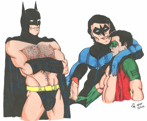 3boys age_difference batman batman_(bruce_wayne) batman_(series) black_hair bruce_wayne bulge cape chest_hair christian_(artist) cowl crossed_arms dc dc_comics dick_grayson domino_mask erect_nipples erection exposed_nipples gay gloves hairy holding_penis human imminent_sex inviting_to_sex jason_todd large_penis male male_only mask mostly_nude multiple_males nightwing nipple_play nipple_tweak older_dom_younger_sub open_shirt pants_open penis_out robin_(dc) robin_(jason_todd) sidekick superhero superhero_costume thong tongue_out veiny_penis yaoi