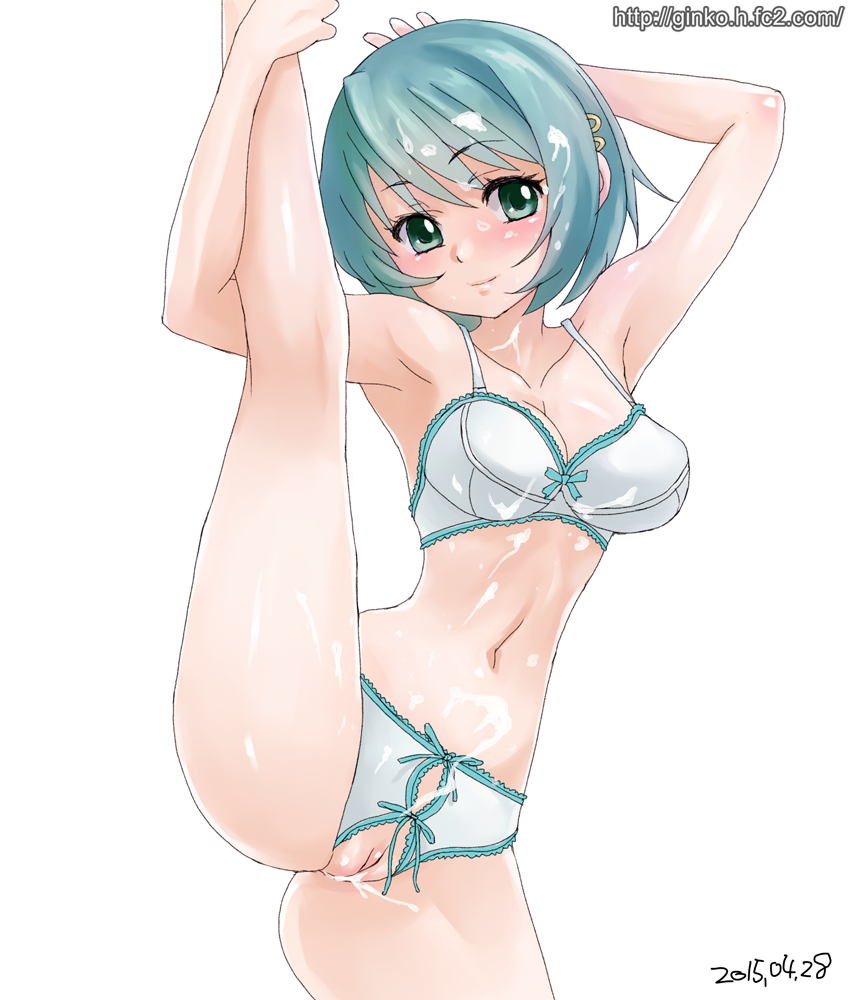 bra breasts bukkake crotchless_panties cum cum_on_body cum_on_hair dated female ginko_(silver_fox) leg_up looking_at_viewer mahou_shoujo_madoka_magica miki_sayaka panties pussy pussy_juice solo uncensored underwear underwear_only watermark web_address