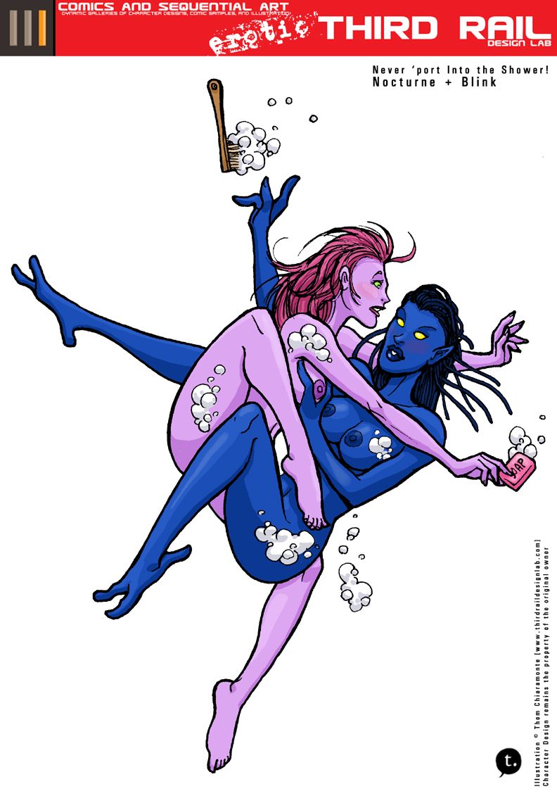 2girls blink_(x-men) blue-skinned_female blue_skin breast_grab clarice_ferguson exiles female female_only humanoid marvel multiple_girls nipples nocturne_(x-men) nude nude_female purple-skinned_female purple_skin shower straight_hair talia_wagner three_toes trdl x-men yuri