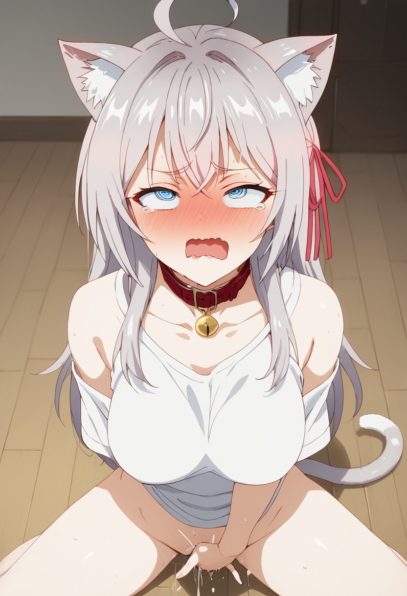 1girls ai_generated alisa_mikhailovna_kujou blue_eyes blush cat_ears cat_tail clothed collar embarrassed female finger_self fingering fingering_self looking_pleasured masturbation pet_collar pleasure_face shirt solo tokidoki_bosotto_russian_de_dereru_tonari_no_alya-san white_hair