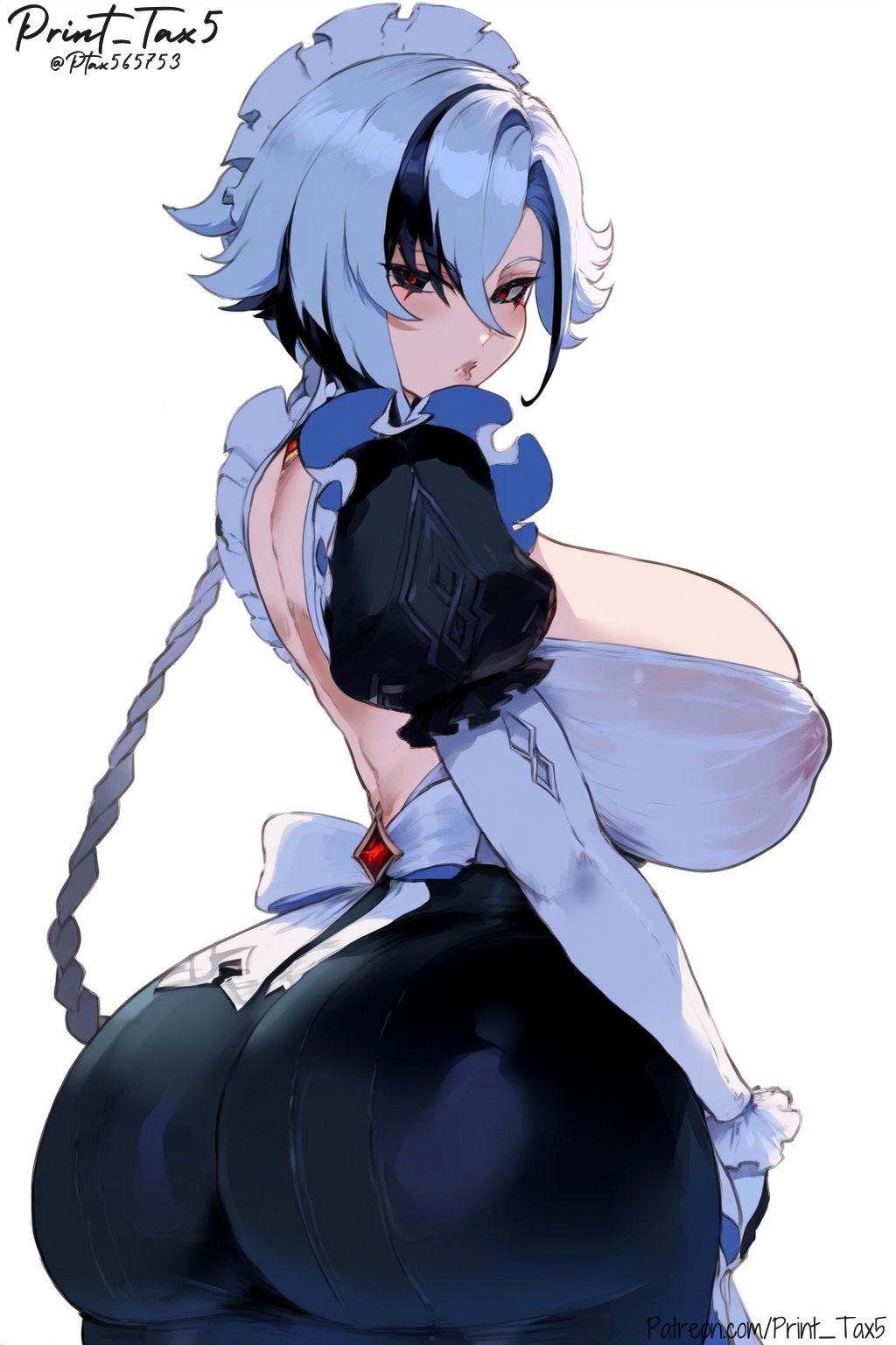 ai assisted, ai generated, arlecchino (genshin impact), ass, big ass, breasts, female, genshin impact, hoyoverse, huge ass, huge breasts, maid, maid outfit, maid uniform, patreon username, print tax5, twitter username