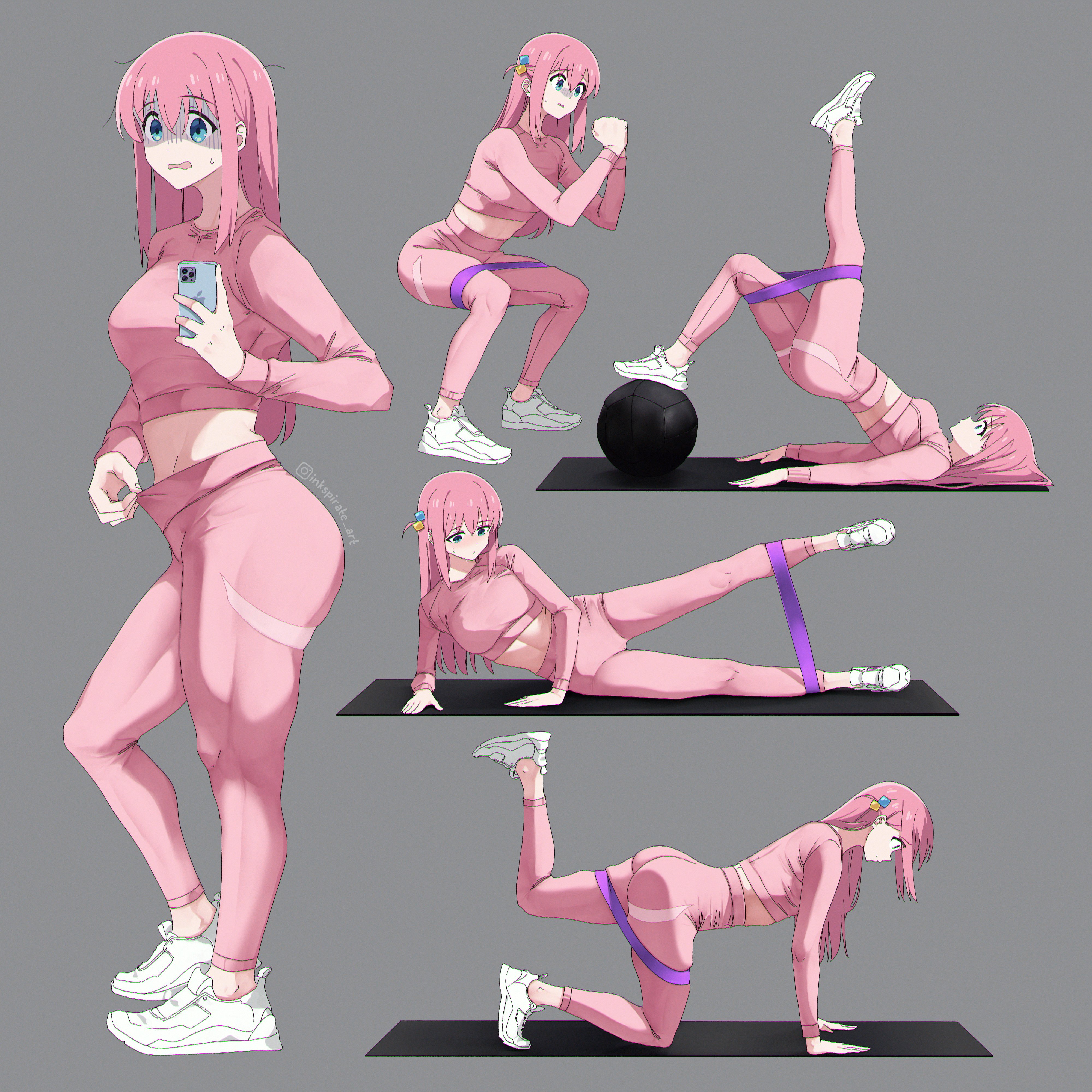 ball (object), blue eyes, bocchi the rock!, exercise, female, gotou hitori, inkspirate, pink hair, sweatdrop
