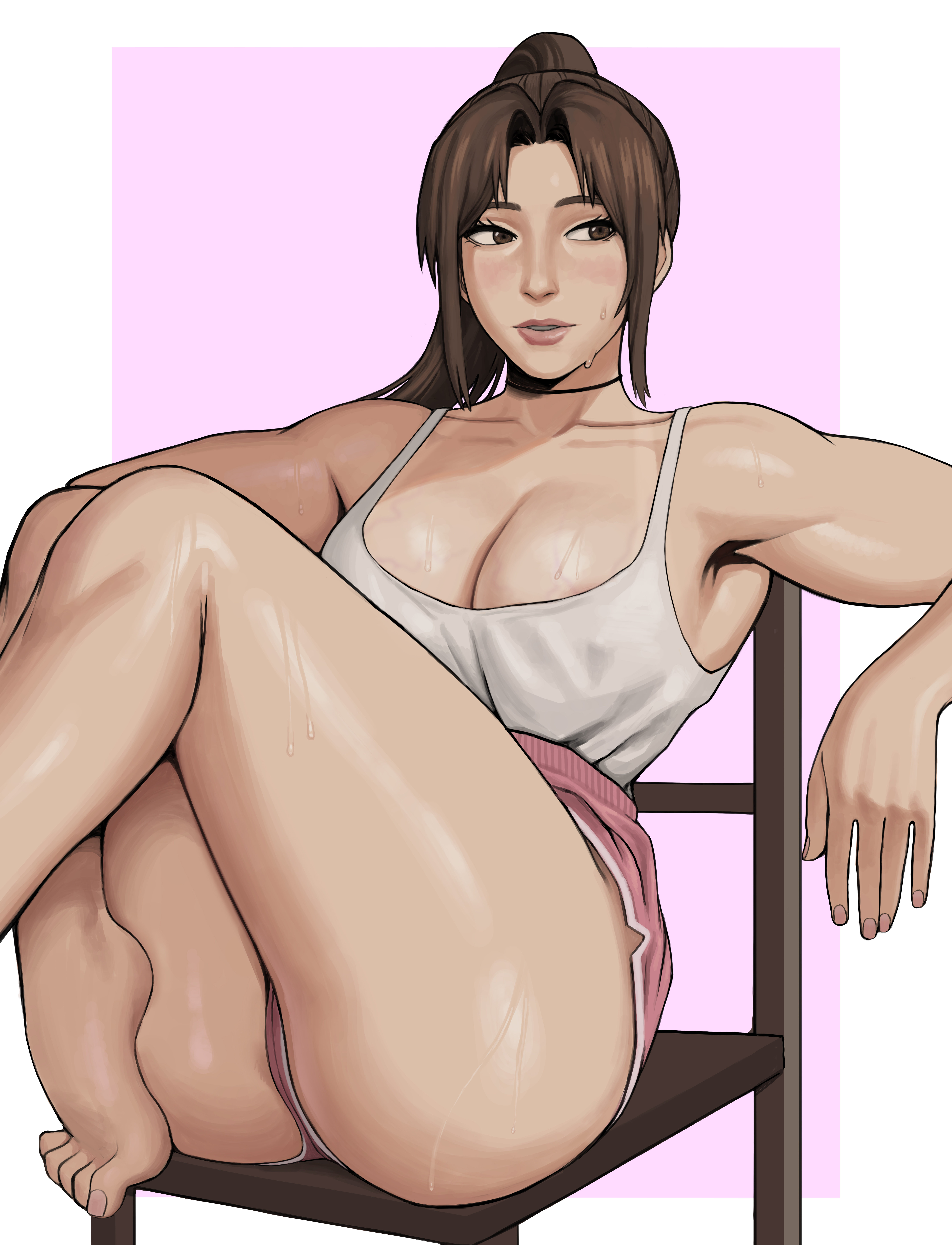 1girls, alternate costume, alternate version available, areolae peeking, asian female, ass, bare legs, bare shoulders, barefoot, big ass, big breasts, blush, breasts, brown eyes, brown hair, choker, fat breasts, fatal fury, feet, female, female only, gud0c, human, human only, king of fighters, large ass, large breasts, legs up, light skin, light-skinned female, long hair, mai shiranui, mai shiranui (casual), muscular, muscular arms, official alternate costume, ponytail, shirt, shorts, sitting, sleeveless shirt, snk, sports shorts, street fighter, street fighter 6, sweat, sweatdrop, thick thighs, tied hair