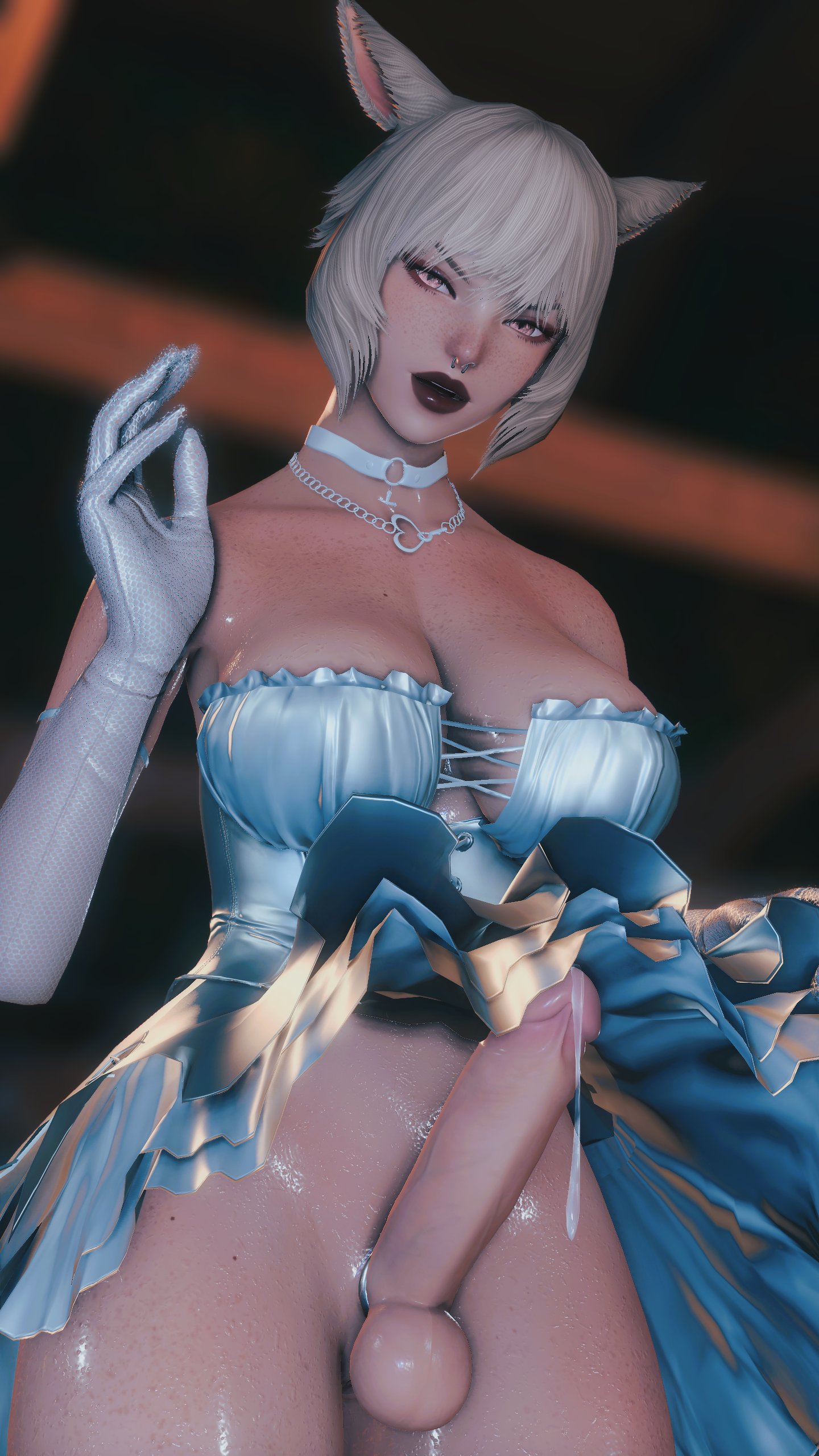 1futa, balls, big breasts, blonde hair, breasts, cock ring, dress, erection, final fantasy, final fantasy xiv, freckles, futanari, intersex, light skin, light-skinned futa, looking at viewer, miqo'te, necklace, original character, penis, precum, ravenalux, septum piercing, skirt lift, testicles, uncensored