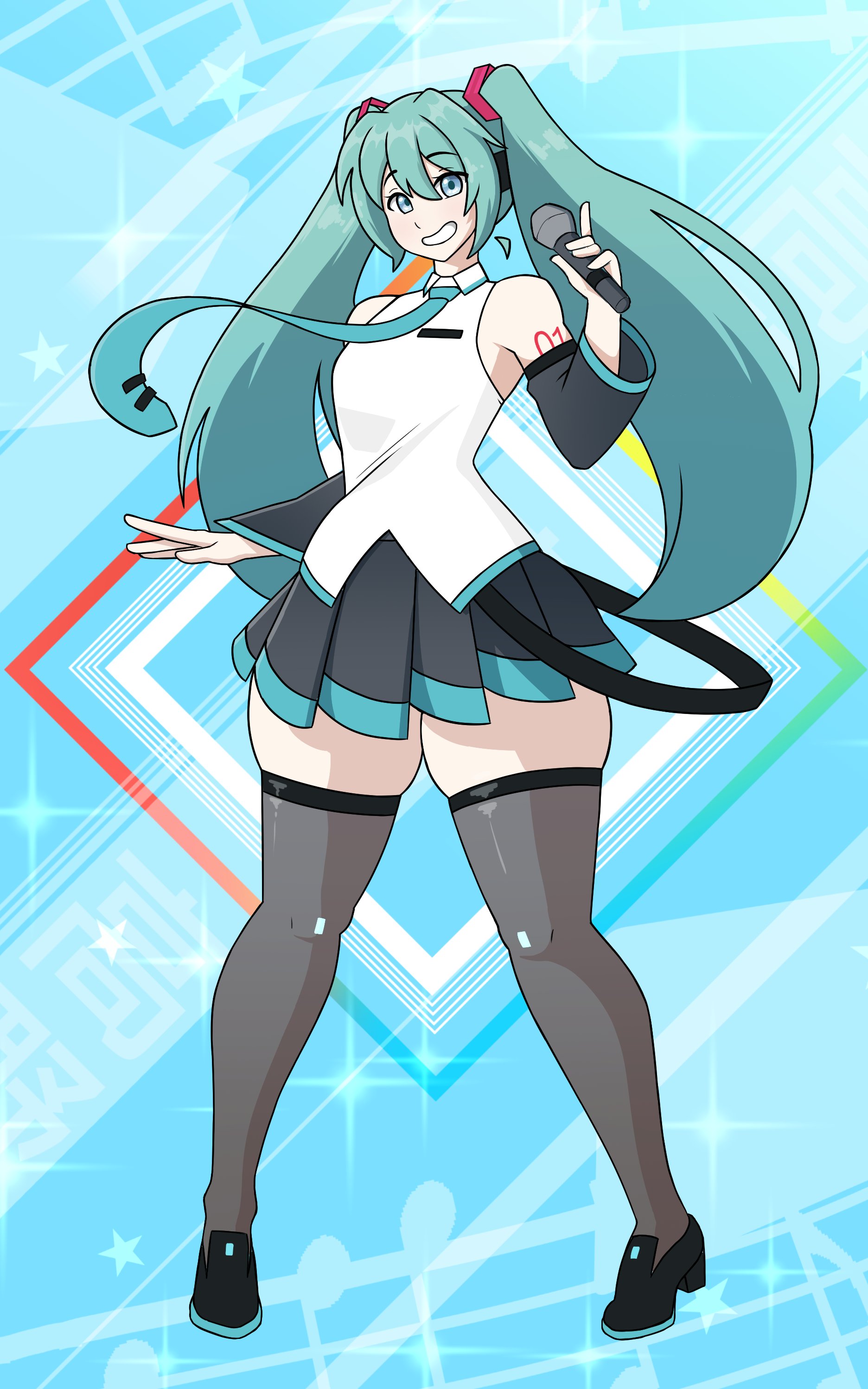 1futa, 1girl, aqua eyes, aqua hair, balls, balls expansion, balls growth, balls growth (enlargement), black skirt, breasts, detached sleeves, expansion, full body, futanari, genital expansion, genital growth, genital growth (enlargement), grin, hatsune miku, holding, holding microphone, intersex, long hair, looking at viewer, microphone, necktie, penis, penis expansion, penis growth, penis growth (enlargement), pleated skirt, sequence, shirt, skindentation, skirt, sleeveless, smile, solo, solo futa, takano (artist), tattoo, thick thighs, thighhighs, thighs, twintails, very long hair, vocaloid