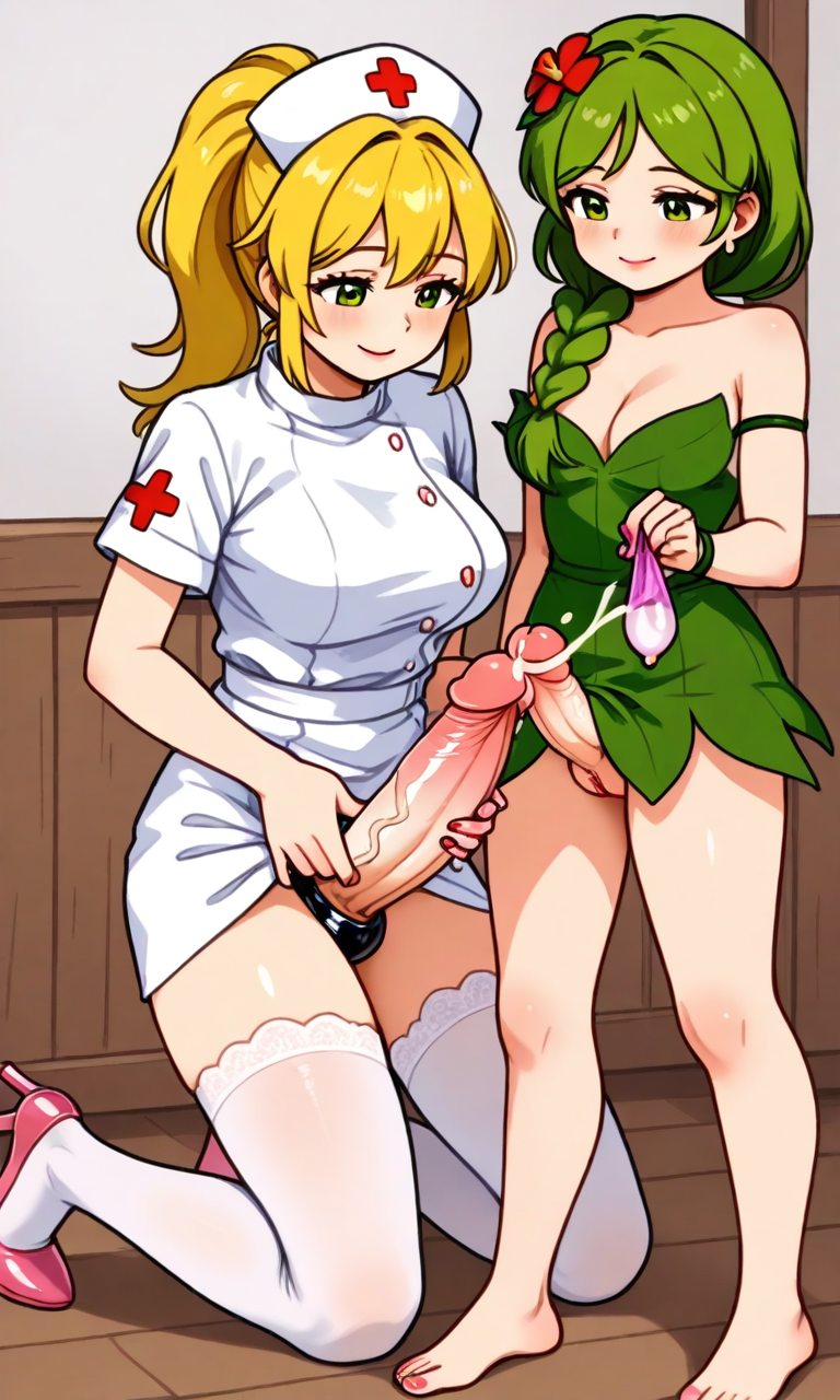 2futas 2girls ai_generated big_breasts bikini dryad_(terraria) fapping futanari green_hair naked nurse nurse_(terraria) nurse_cap nurse_uniform plant purple_eyes smile terraria