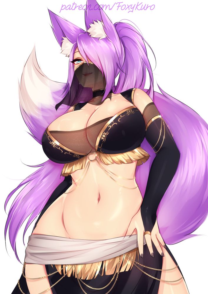 belly_dancer belly_dancer_outfit blue_eyes female fox_ears fox_tail foxykuro harem harem_girl harem_outfit kitsune kuro_(foxykuro) midriff mouth_veil navel purple_eyes veil