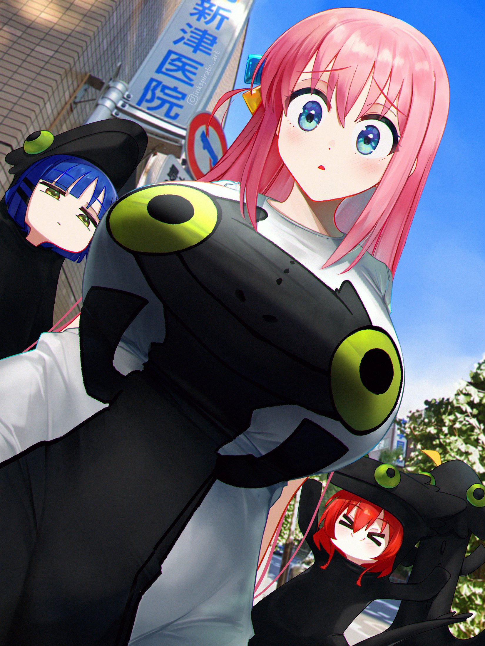 3girls, big breasts, blue eyes, blue hair, bocchi the rock!, breast envy, breasts, dancing, dancing toothless, female, flushed emoji shirt, gotou hitori, green eyes, how to train your dragon, inkspirate, kita ikuyo, light skin, light-skinned female, meme, meme clothing, meme reference, multiple females, multiple girls, pink hair, red hair, stretched clothing, tight clothing, tits bigger than head, yamada ryou