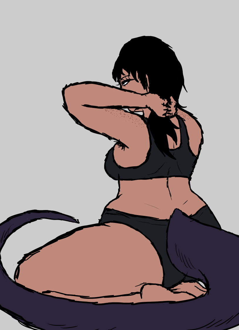 afrolatina artist_self-insert artist_upload back_scar back_view bedroom_eyes belly big_ass big_tail bikini black_bra black_hair black_nail_polish black_nails black_panties black_socks blank_background breasts chubby curly_hair curvy curvy_figure curvy_hips dark_skin digital_art digital_drawing_(artwork) digital_media_(artwork) feet_out_of_frame freckles freckles_on_arms gray_background half_naked human humanoid latina legs messy_hair messy_linework plump plump_butt plump_lips plump_thighs rebecca_kira self_upload sleepy tail thick_thighs thighs tired_eyes tummy tying_hair underwear uva6969 viewed_from_behind