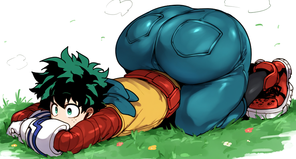 1boy 1femboy ai_generated ass big_ass boku_no_hero_academia dat_ass deku fat_ass femboy gay green_eyes huge_ass izuku_midoriya large_ass light_skin male midoriya_izuku my_hero_academia on_stomach solo_male trap yaoi