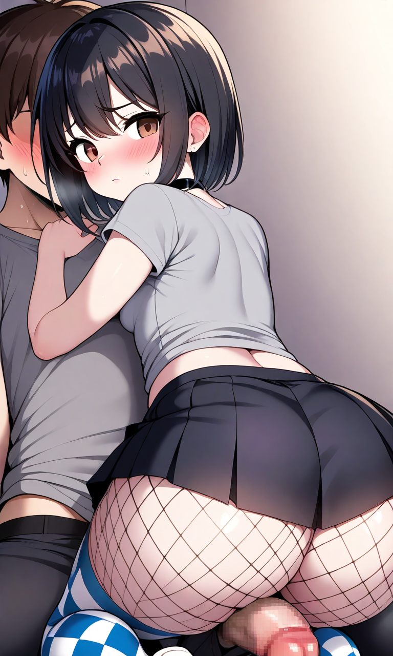 2boys ai_generated big_ass black_hair black_skirt blush brown_eyes choker dick femboy love medium_penis moonlight_shiro penis shoes skirt smile staspivo